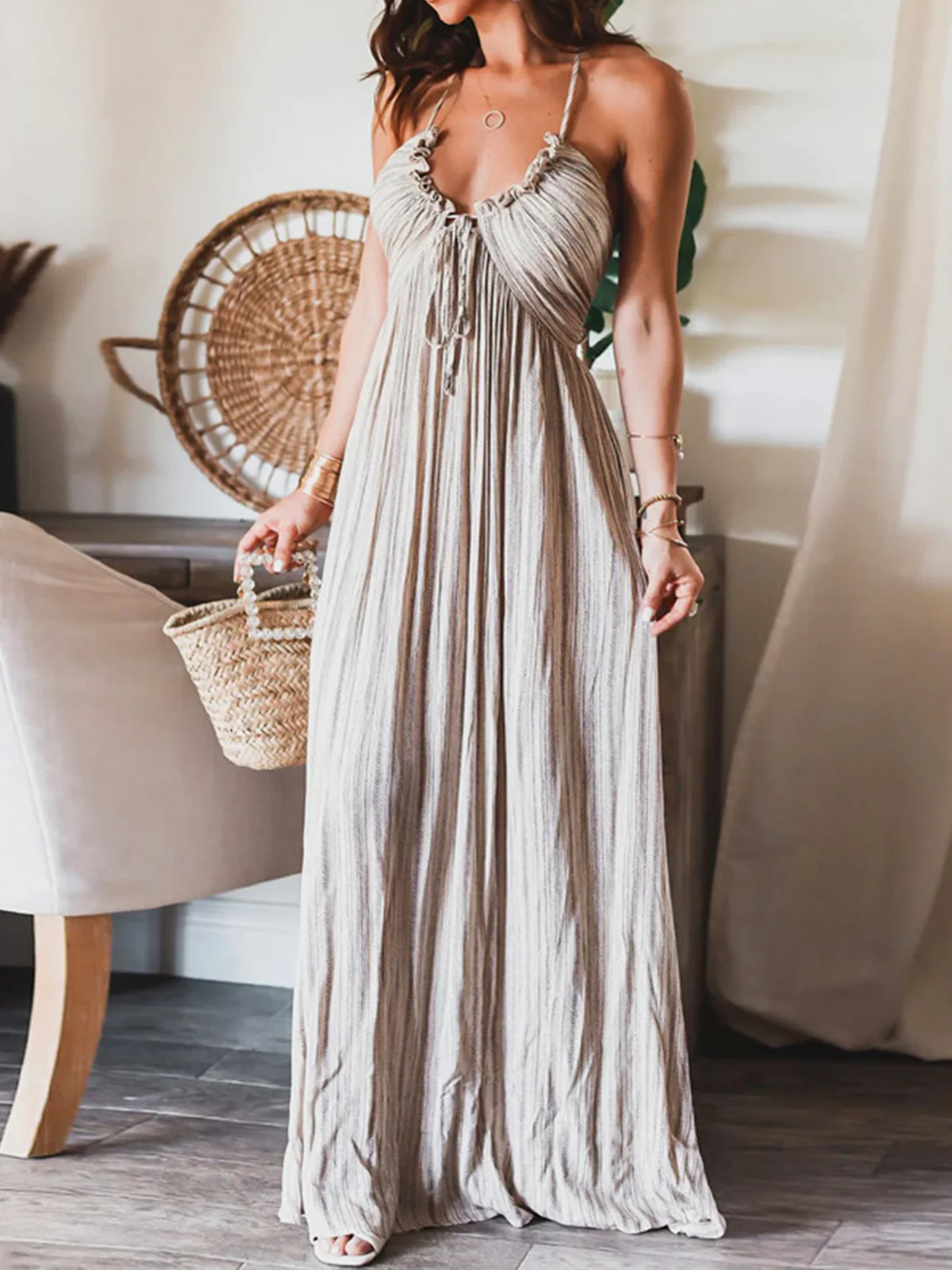 Backless U-Neck Halter Strap Long Dress - Image 3