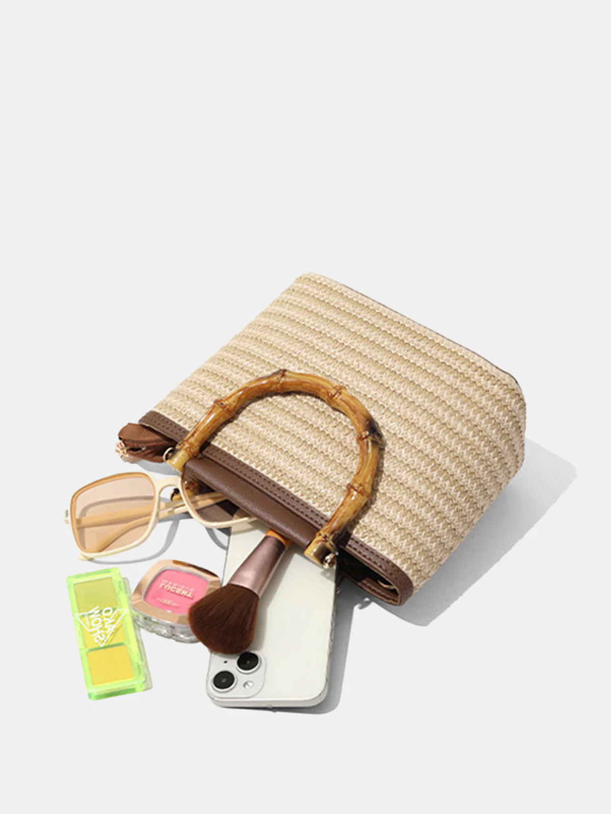 Bamboo Handle Straw Crossbody Handbag - Image 4