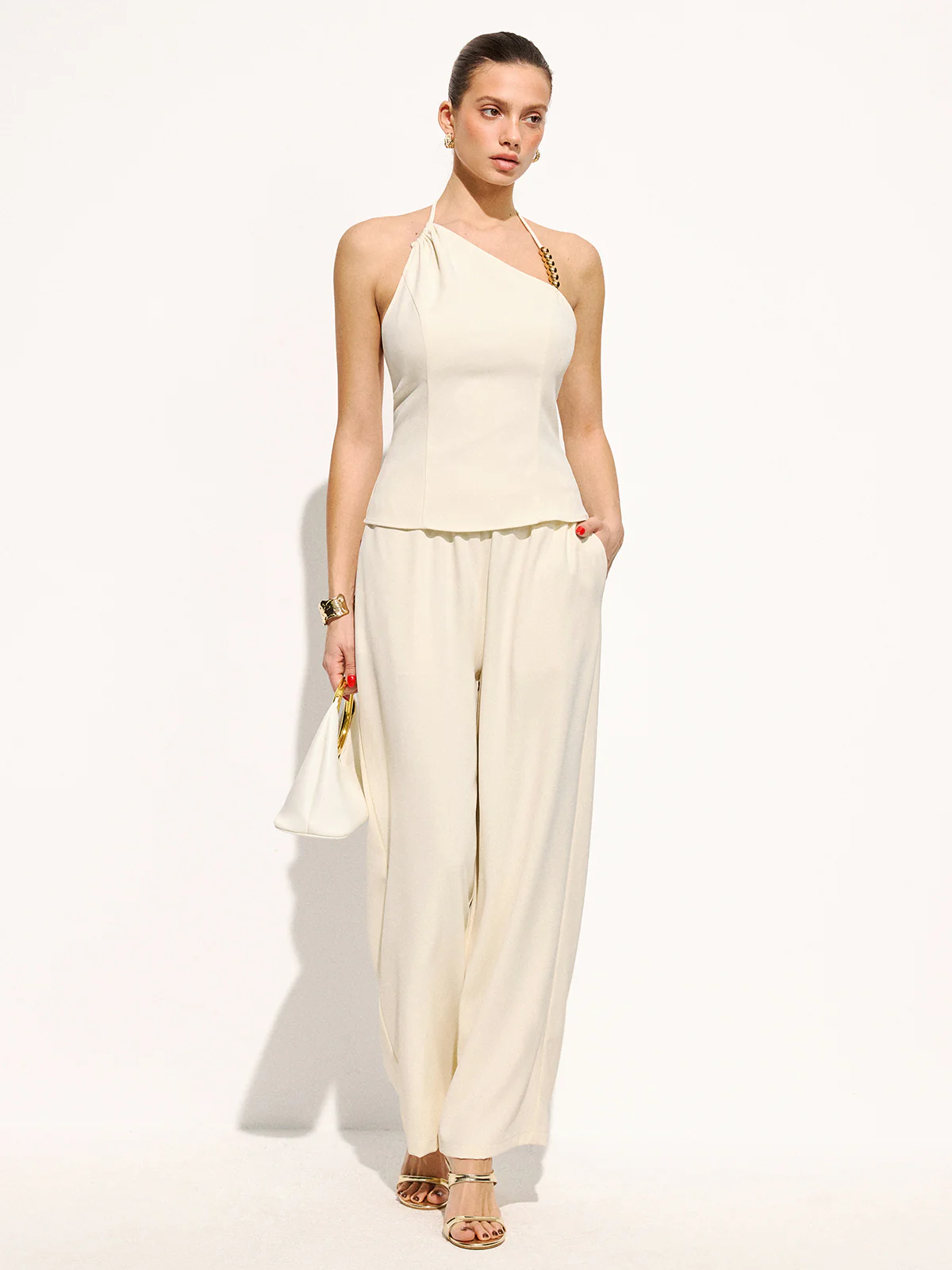 Bead Detail Asymmetric Halter Top & Pants Set - Image 3