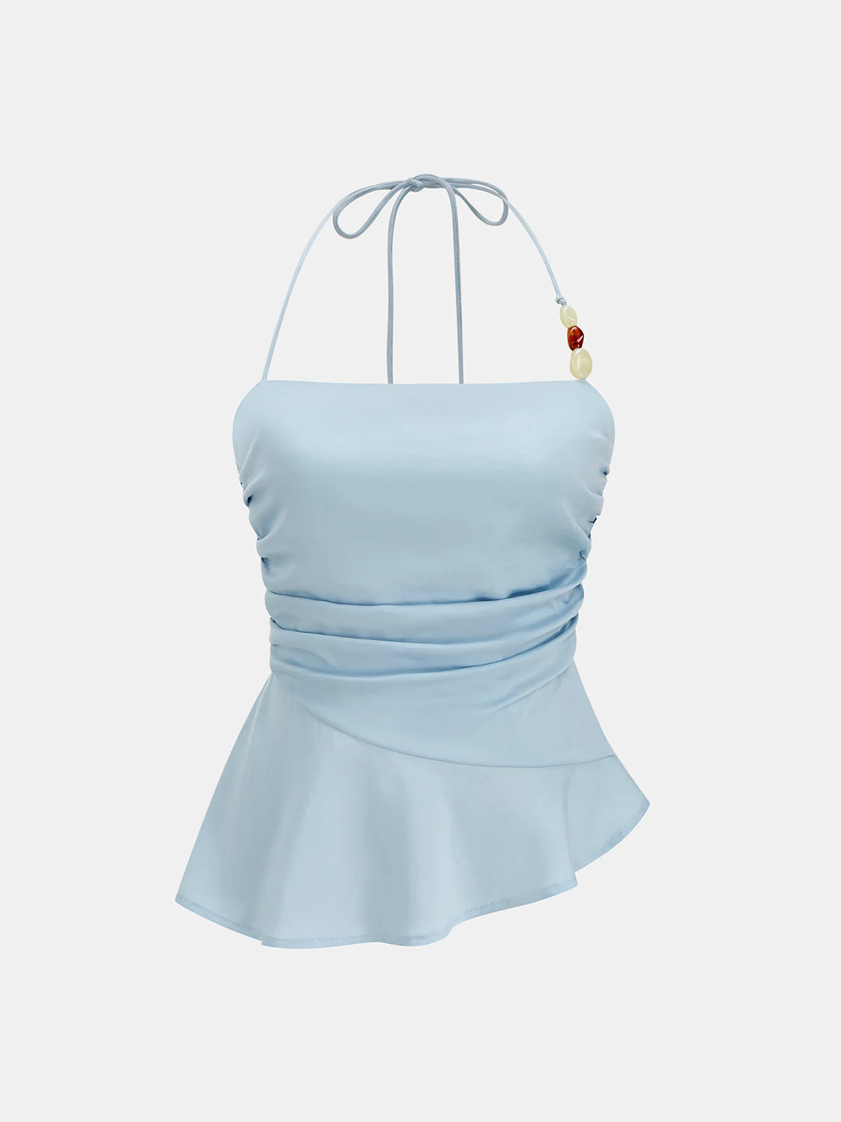Bead Detail Tencel Ruched Halter Peplum Top - Image 2