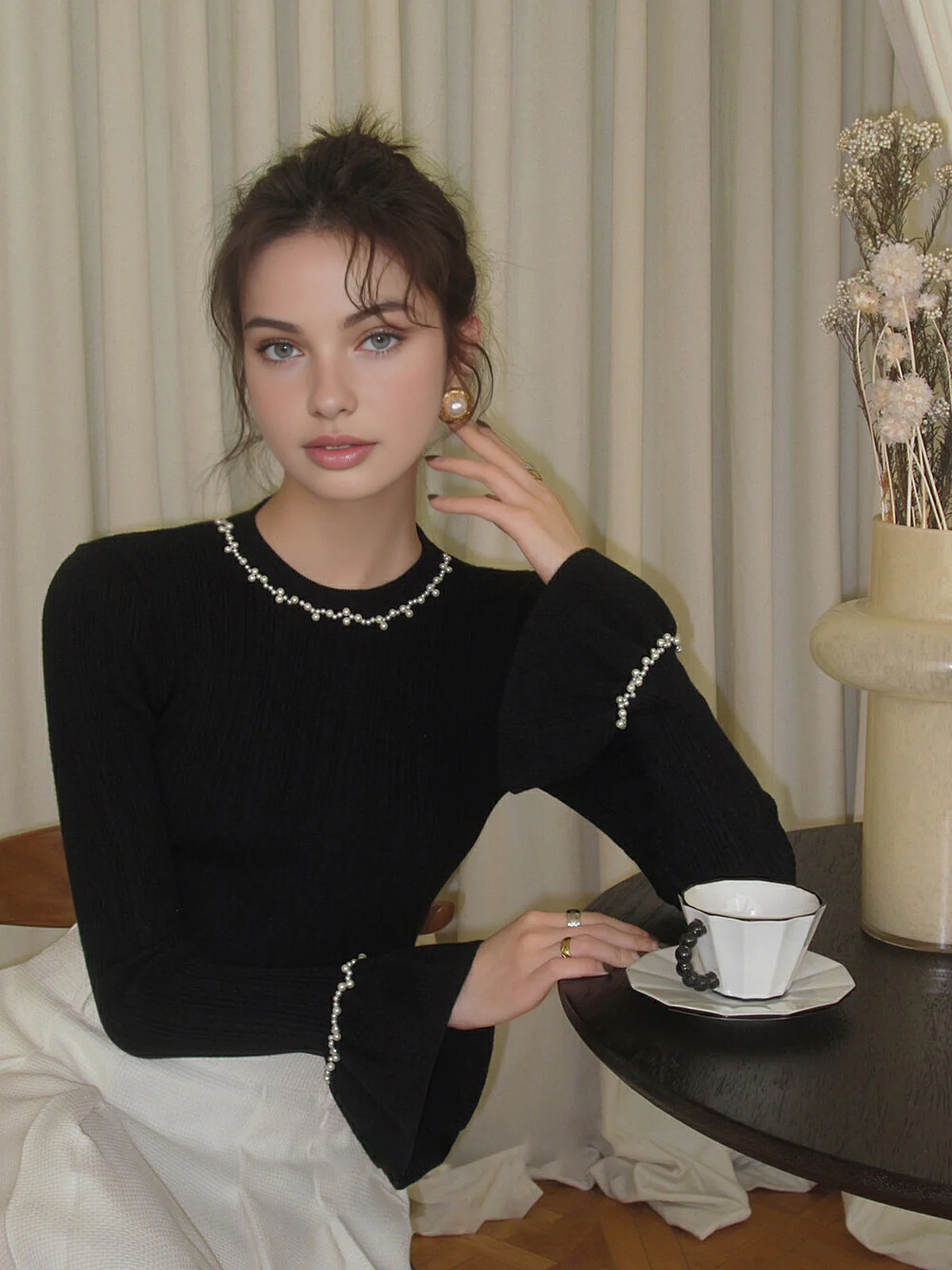 Beaded-Decor Ruffle Knit Top - Image 2
