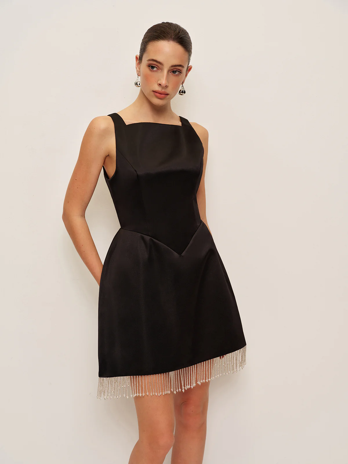 Beaded Fringe Satin V-Back Dress - Image 4