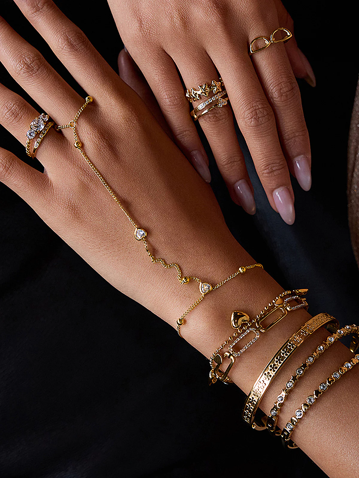 Beaded Heart Zircon Finger Chain Bracelet