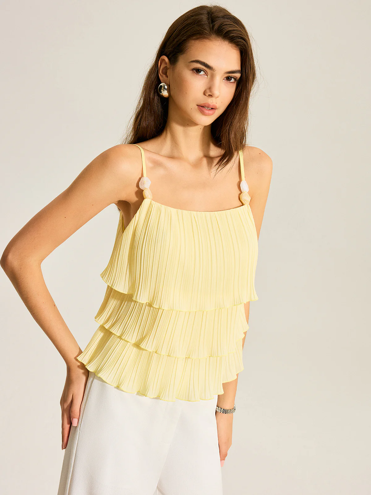 Beaded Strap Tiered Pleated Cami Top - Image 3