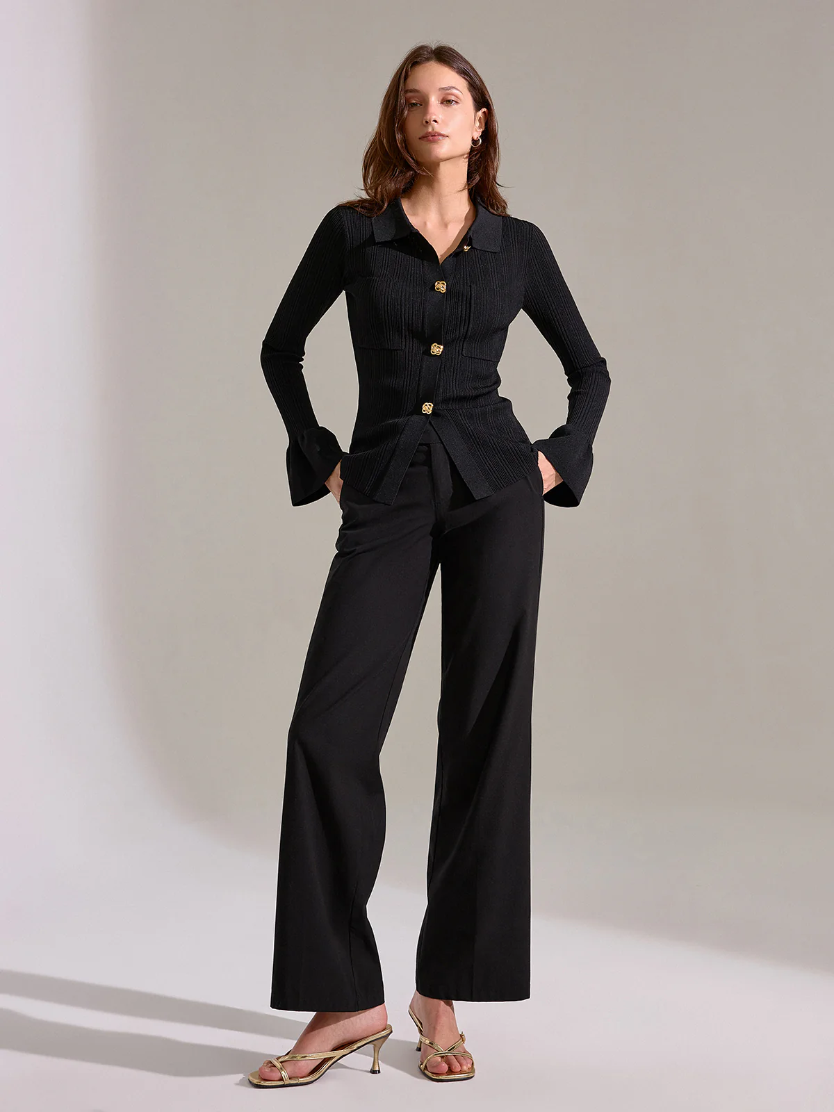 Bell Sleeve Ribbed Knit Polo Top - Image 2