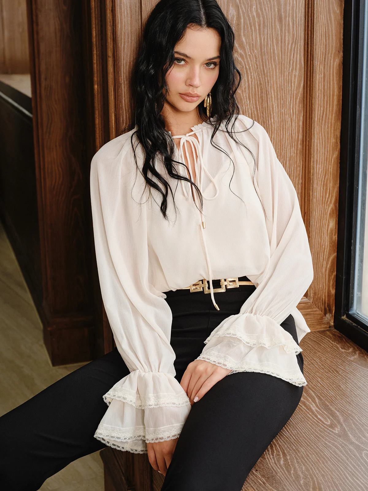 Bell Sleeve Sheer Chiffon Blouse Set with Liner - Image 2