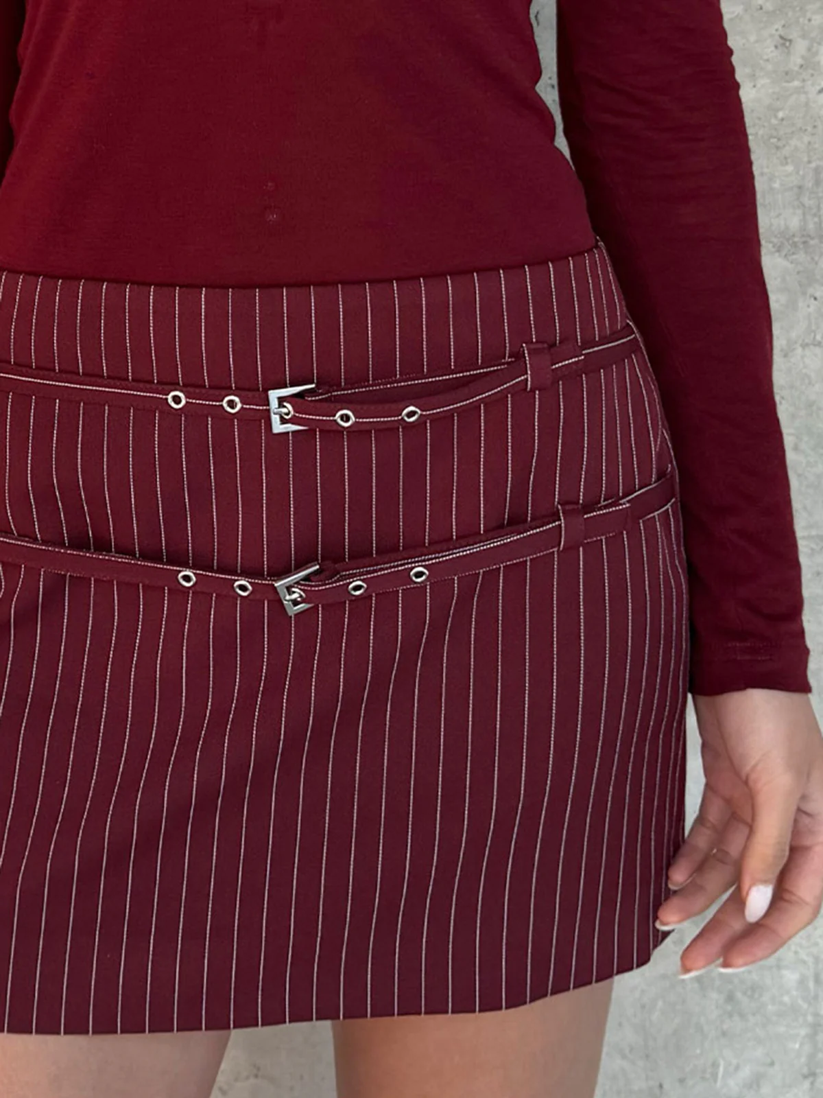 Belt-Decor Pinstripe Skirt - Image 2