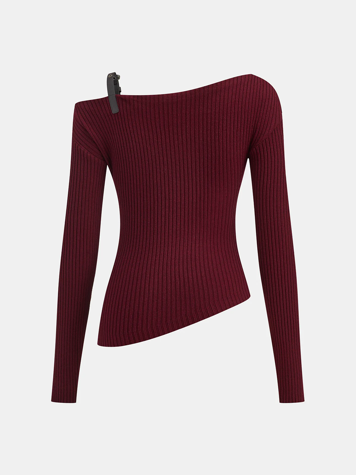 Belt Strap Detail Asymmetric Rib-Knit Top - Image 2