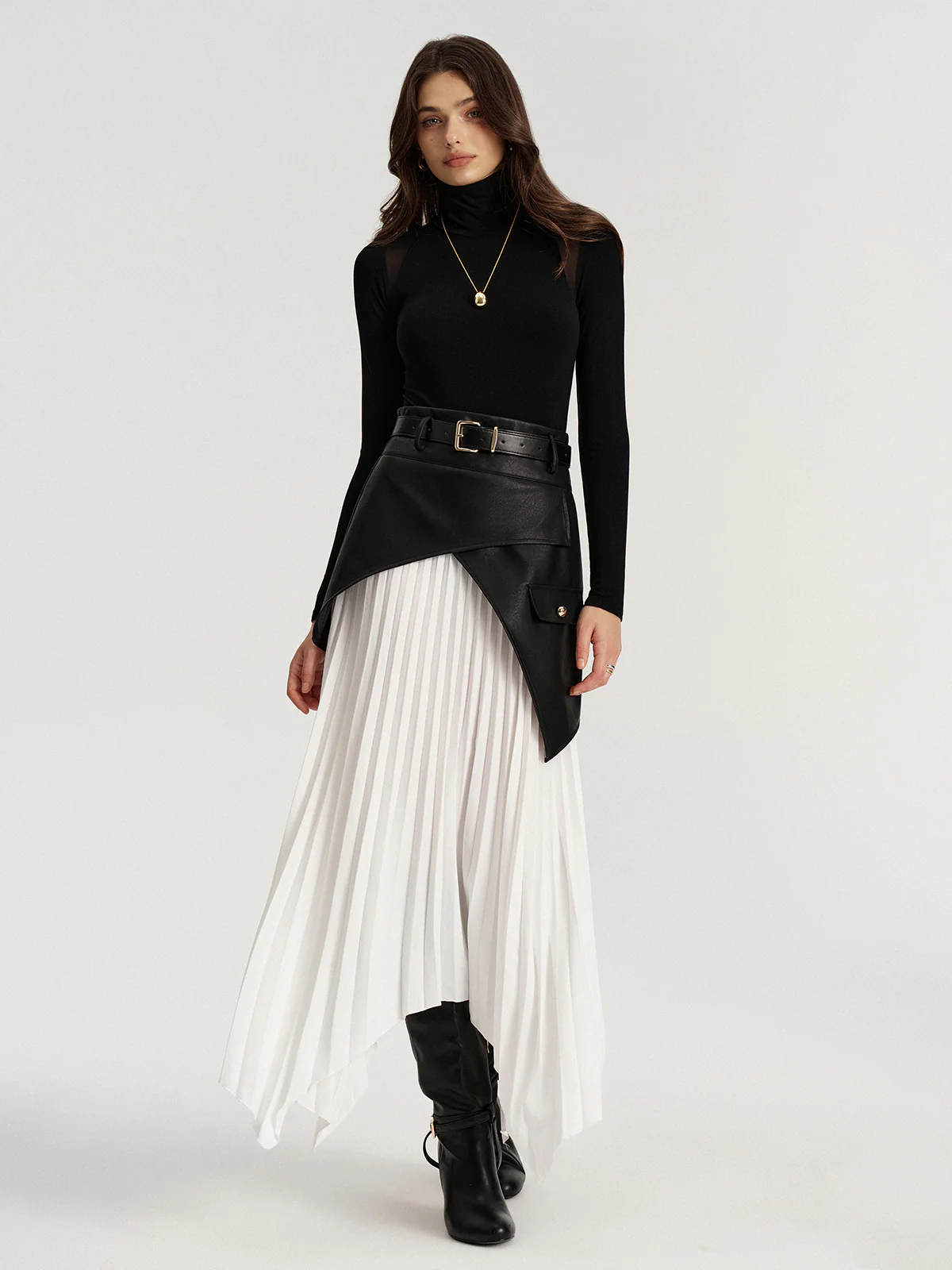 Belted Asymmetric Faux Leather Panel Pleated Maxi Skirt - Image 2