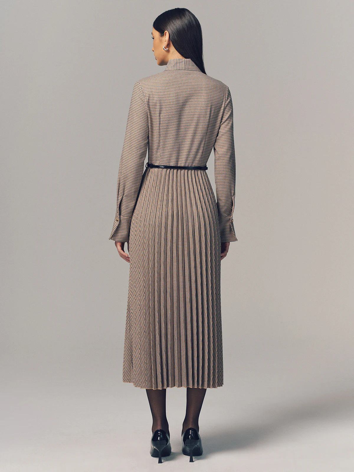 Belted Bow Neck Plaid Pleated Maxi Dress - Image 5