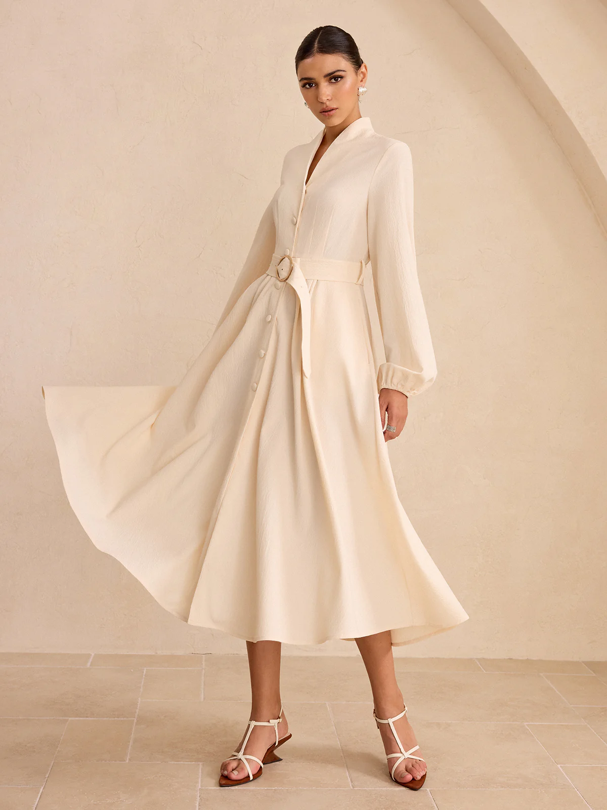 Belted Button-Front Long-Sleeve Midi Dress - Image 2