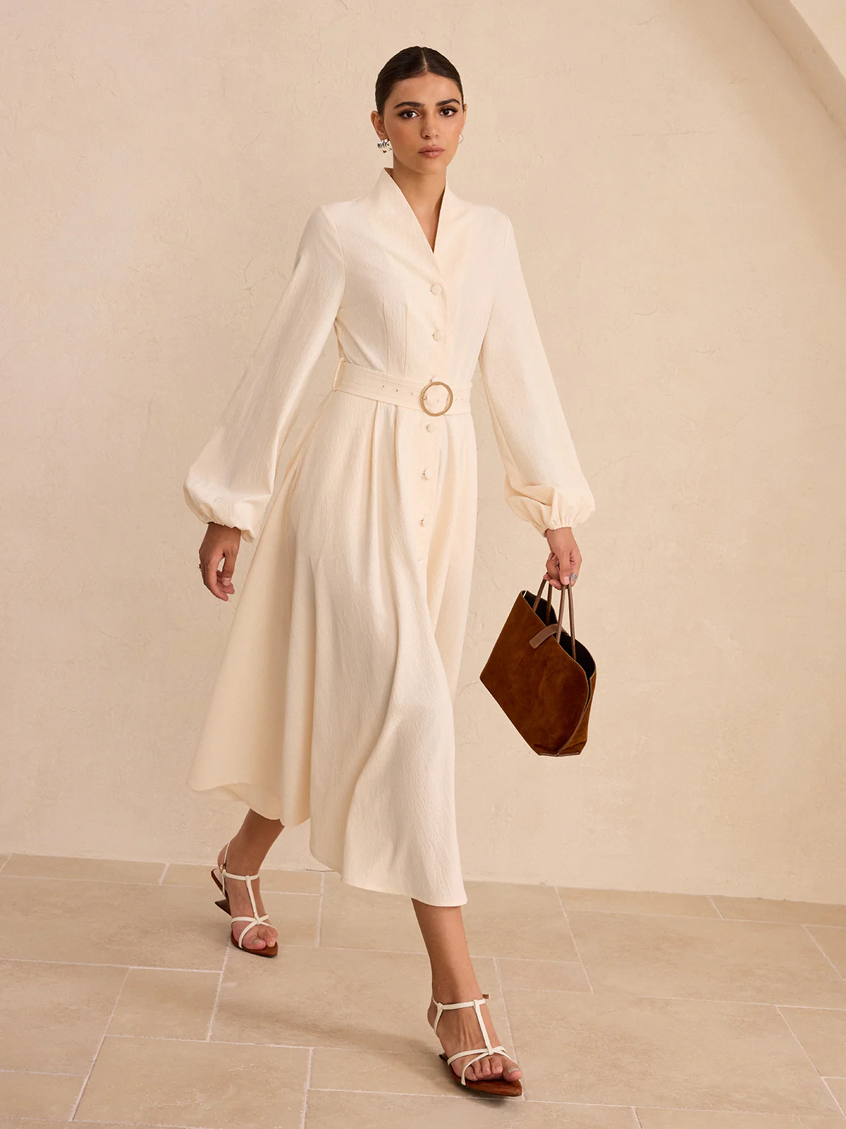 Belted Button-Front Long-Sleeve Midi Dress - Image 3