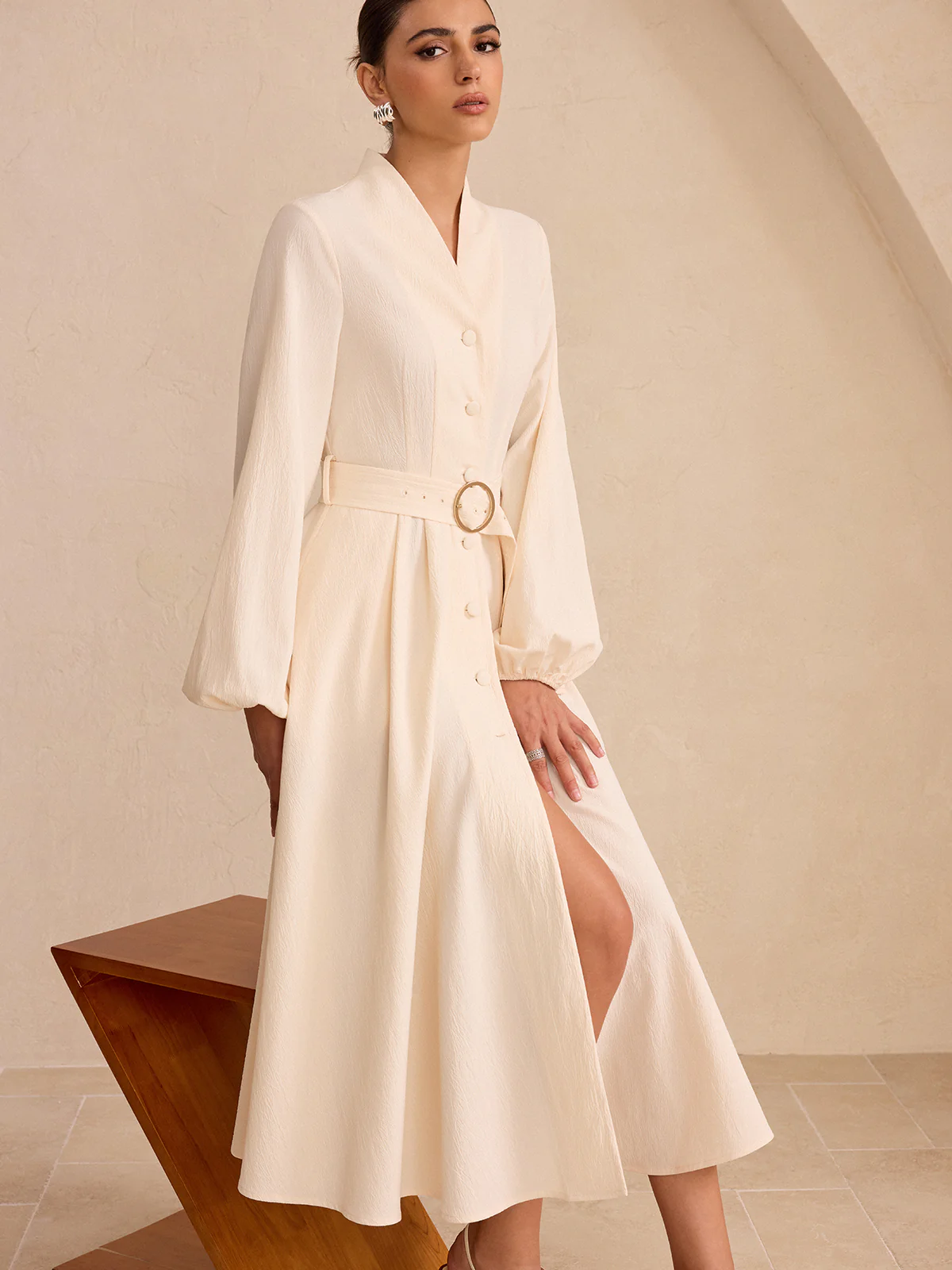 Belted Button-Front Long-Sleeve Midi Dress - Image 4