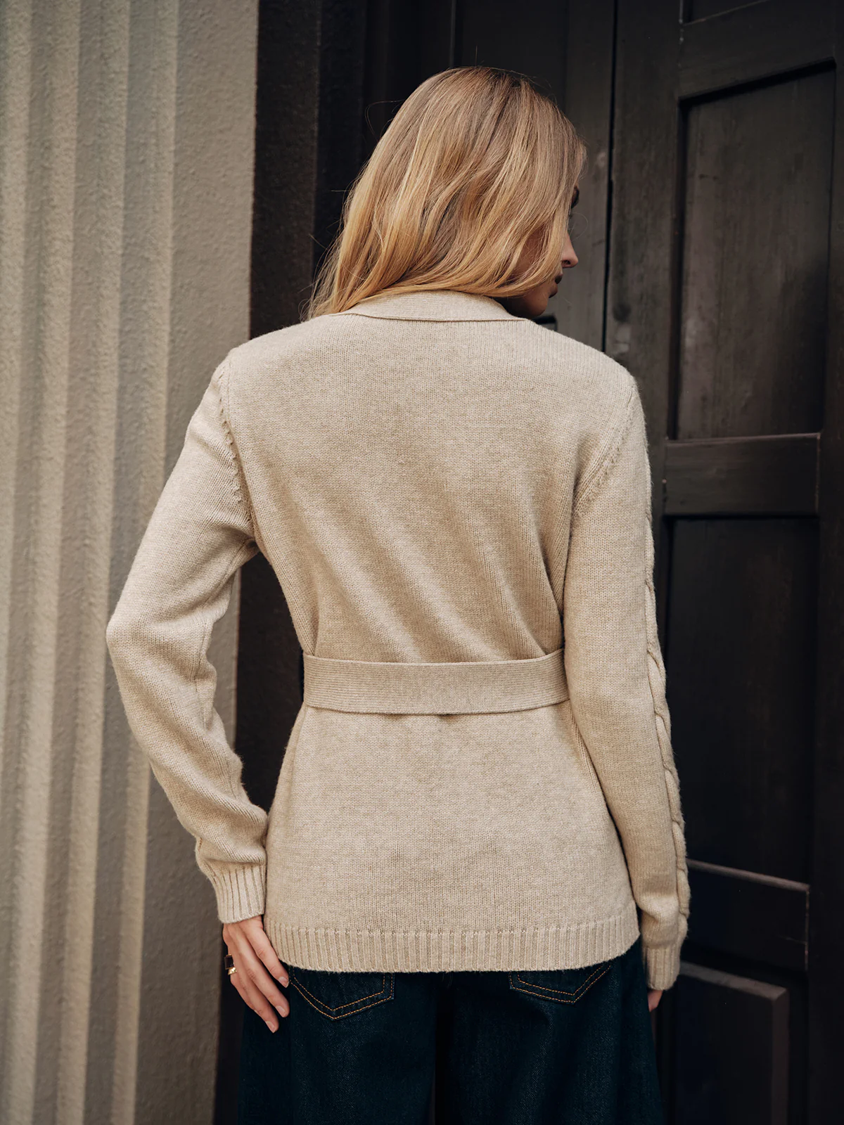 Belted Cable Knit V-Neck Cardigan - Image 6