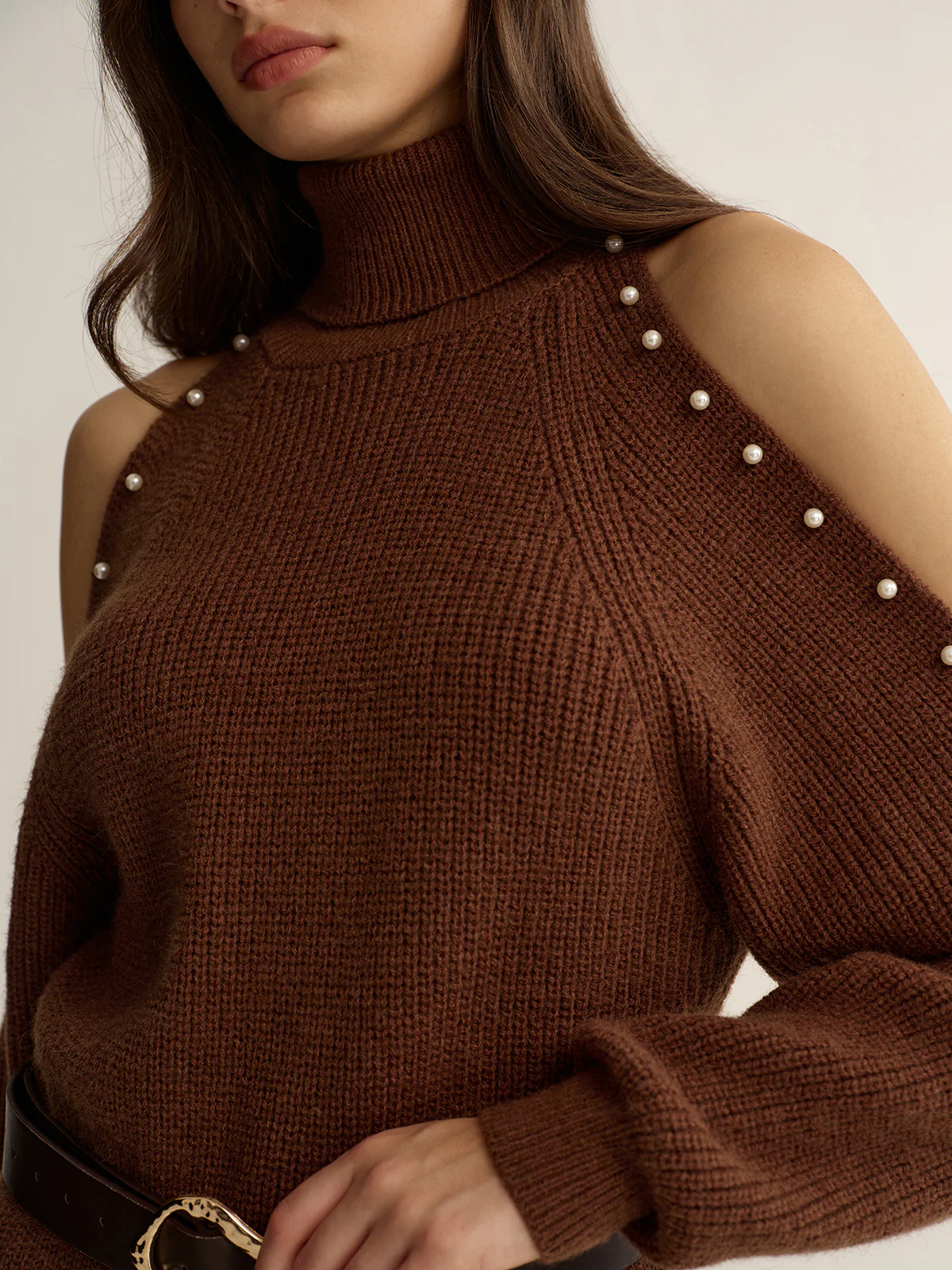 Belted Cold-Shoulder Turtleneck Knit Dress - Image 2