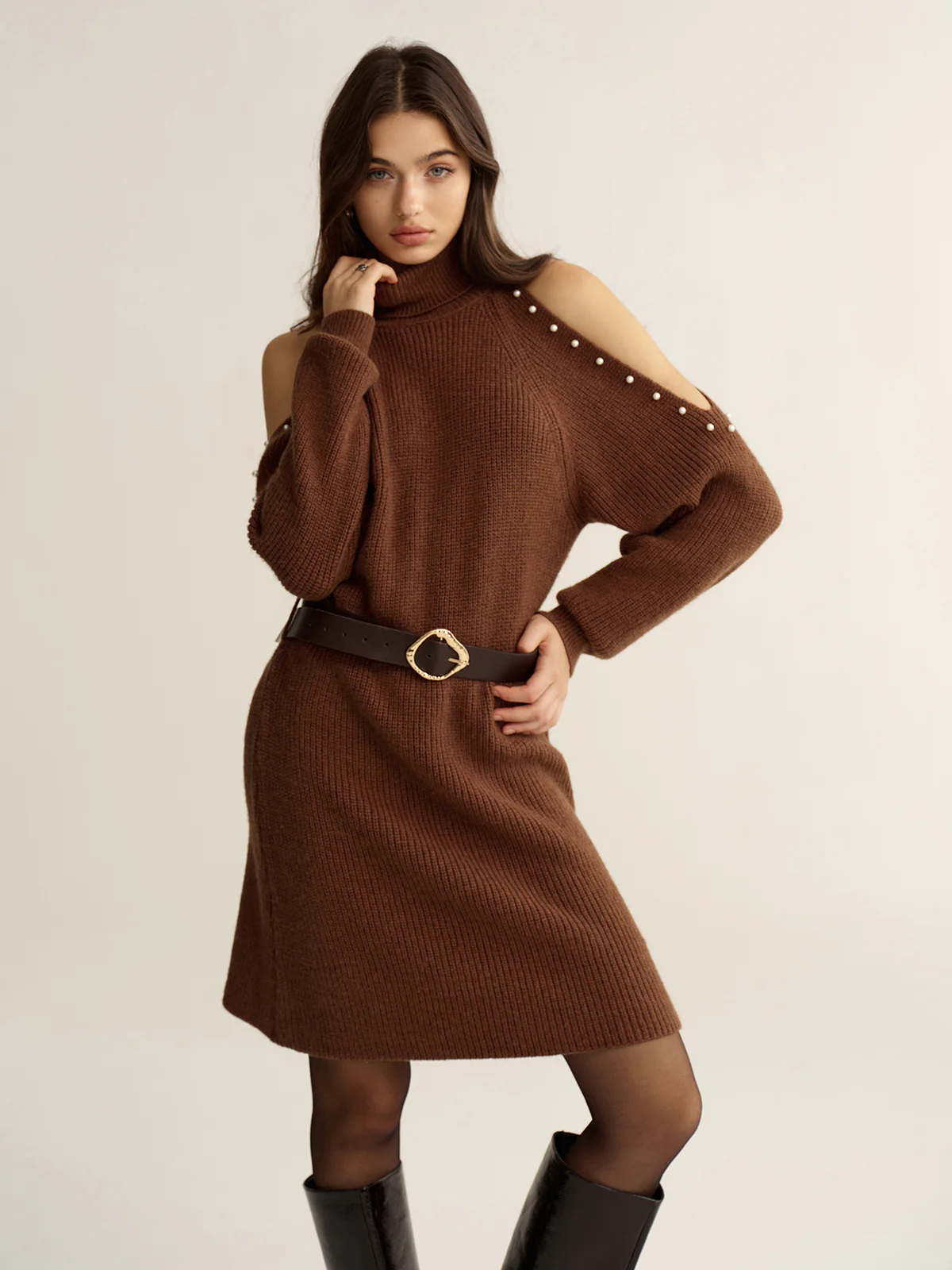 Belted Cold-Shoulder Turtleneck Knit Dress - Image 4