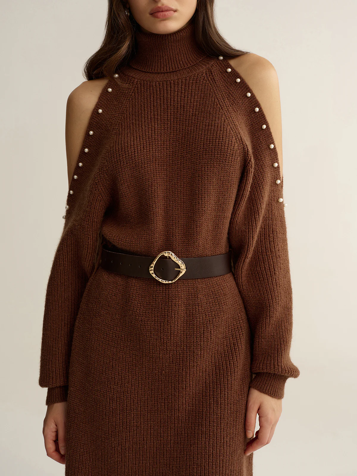 Belted Cold-Shoulder Turtleneck Knit Dress - Image 5