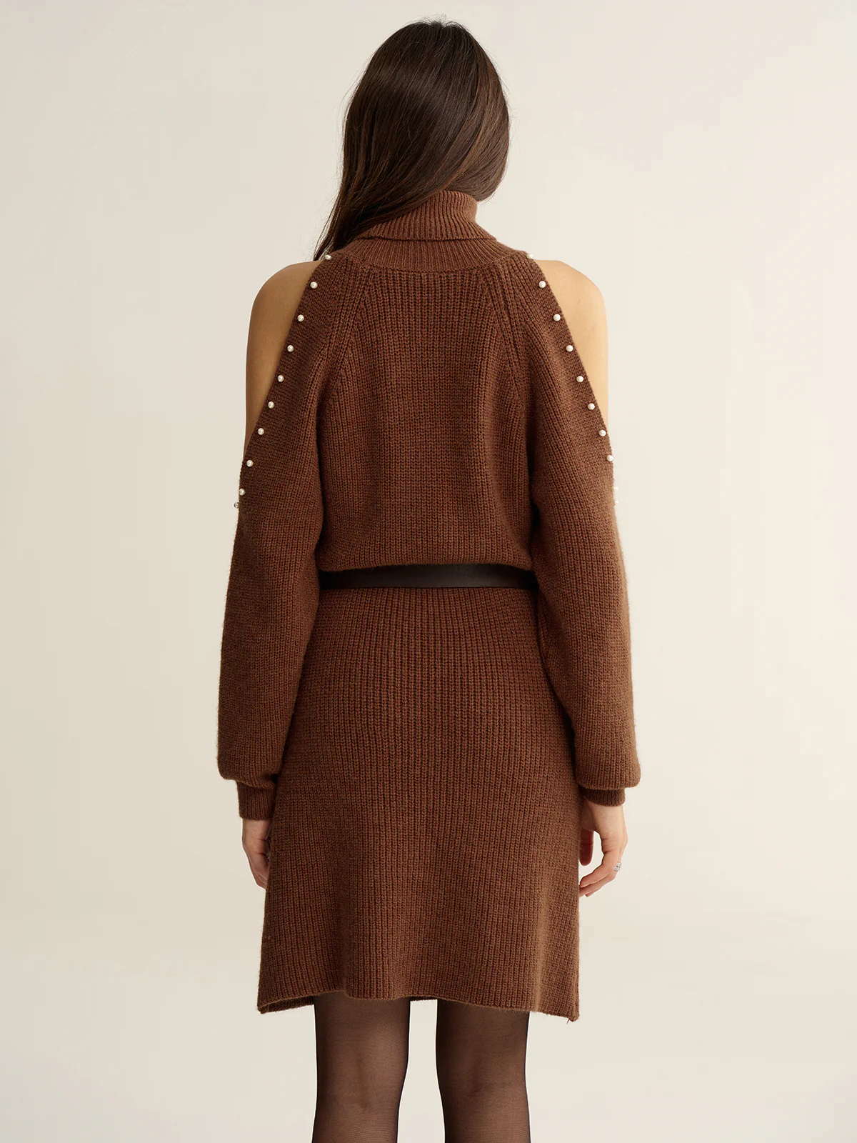 Belted Cold-Shoulder Turtleneck Knit Dress - Image 6