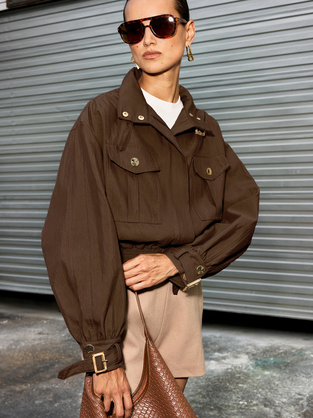Belted Collar Cotton Blend Cropped Jacket - Image 7