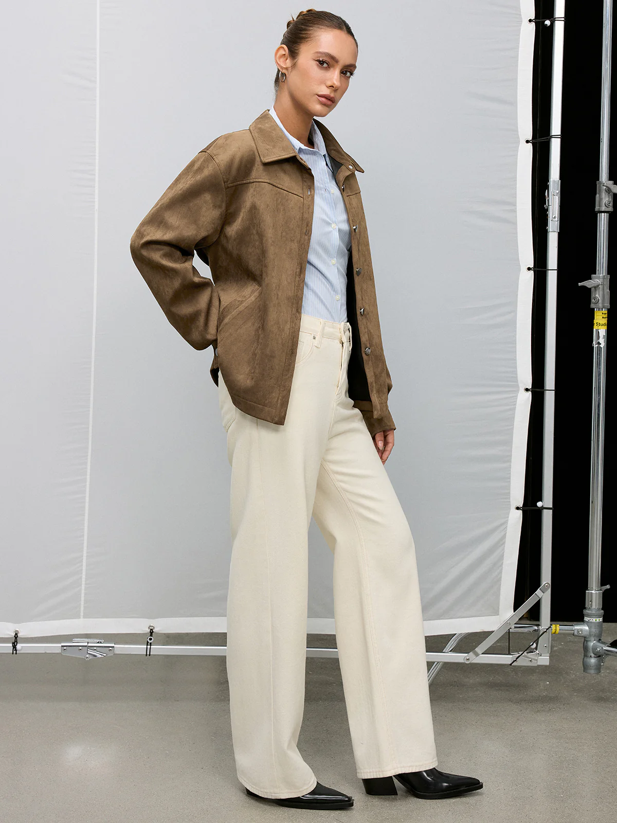 Belted Collared Suede Effect Jacket - Image 4