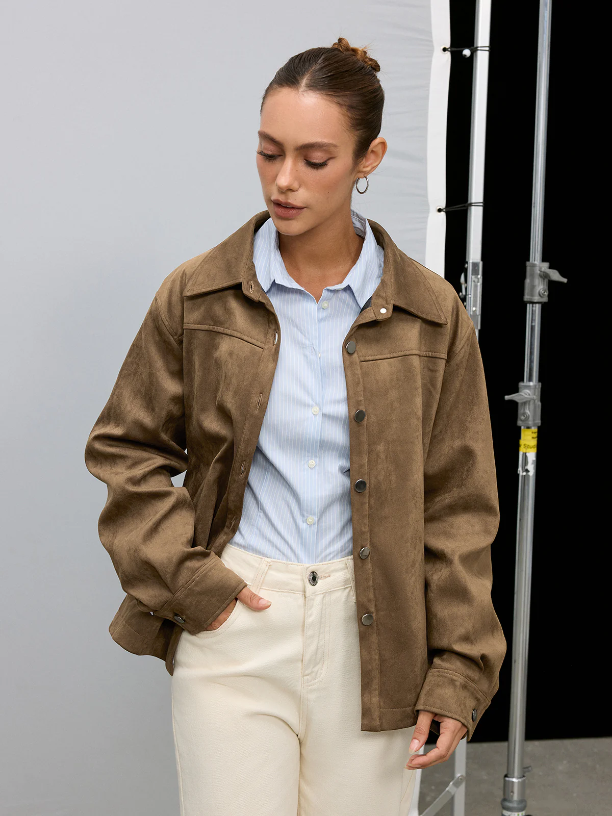 Belted Collared Suede Effect Jacket - Image 5