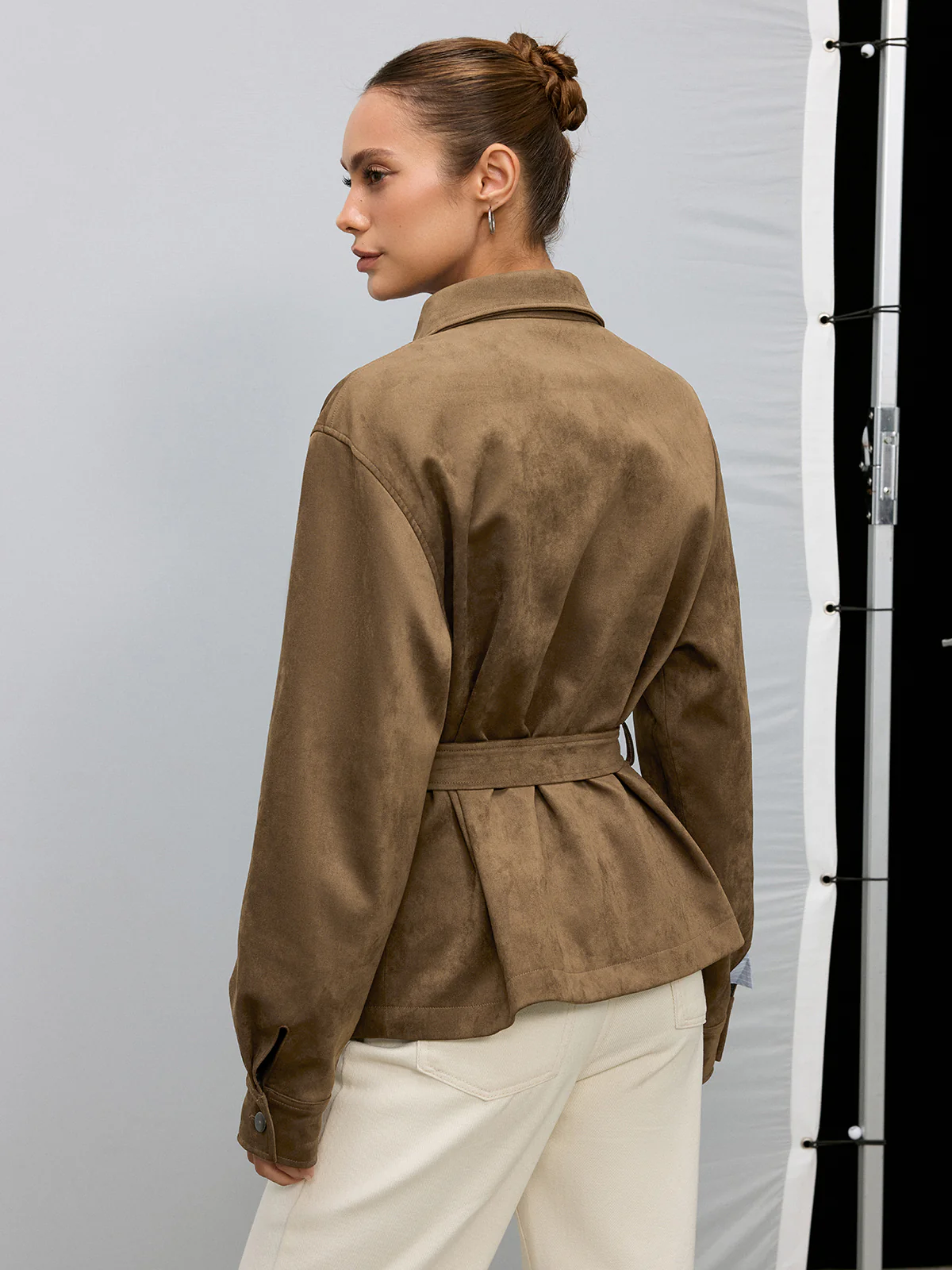 Belted Collared Suede Effect Jacket - Image 6