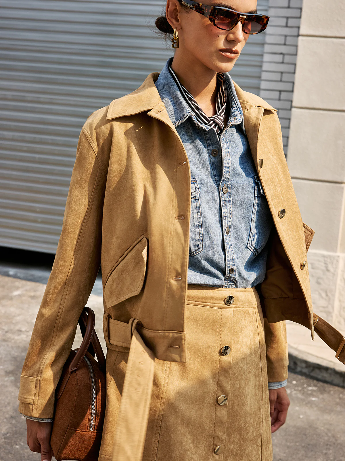 Belted Collared Suede Effect Jacket - Image 2