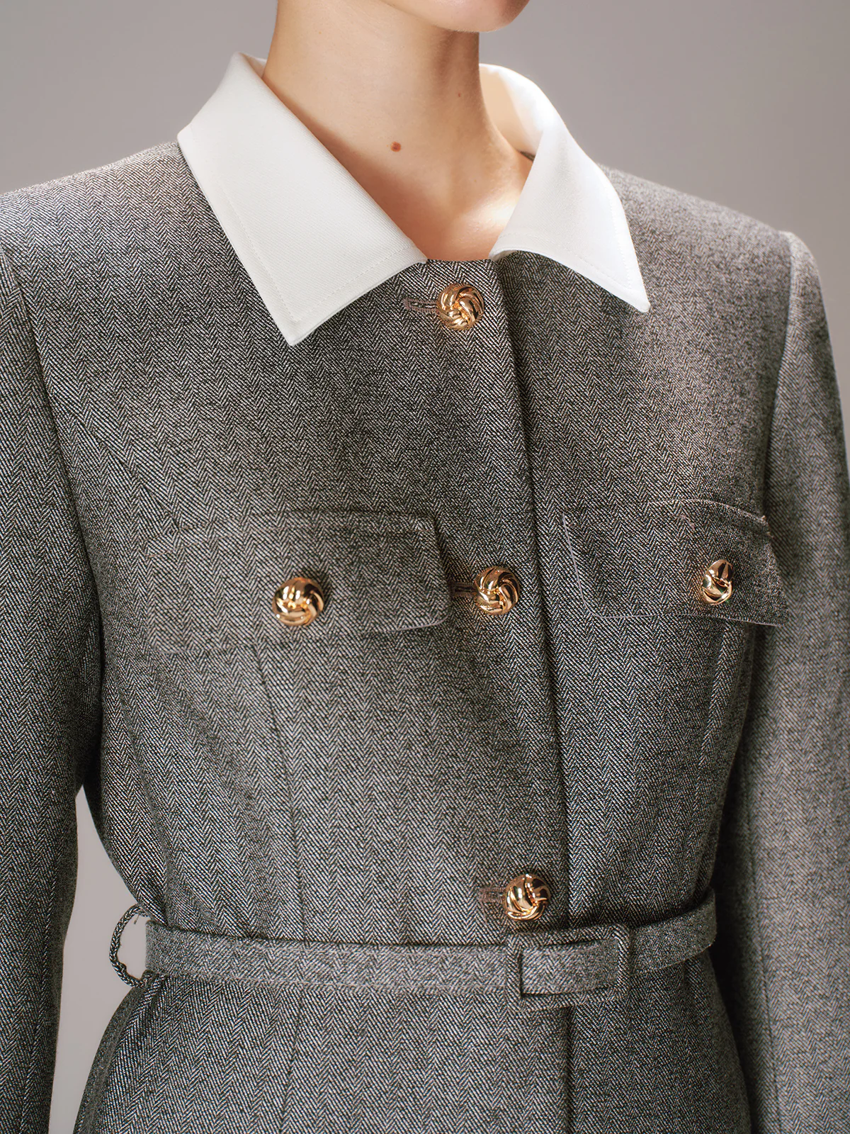 Belted Contrast Collar Tweed Blazer - Image 4