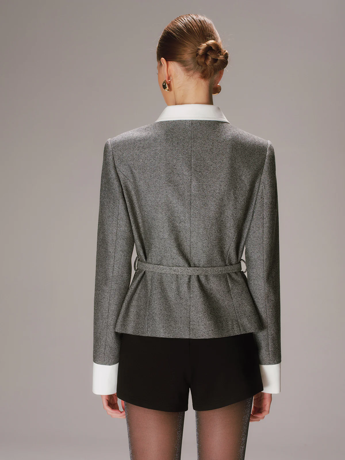 Belted Contrast Collar Tweed Blazer - Image 6