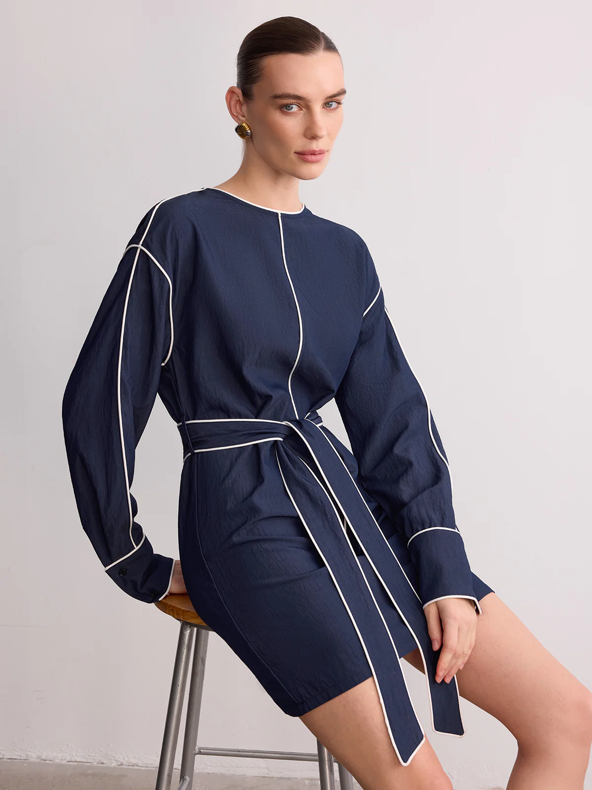 Belted Contrast Piping Long Sleeve Mini Dress - Image 2
