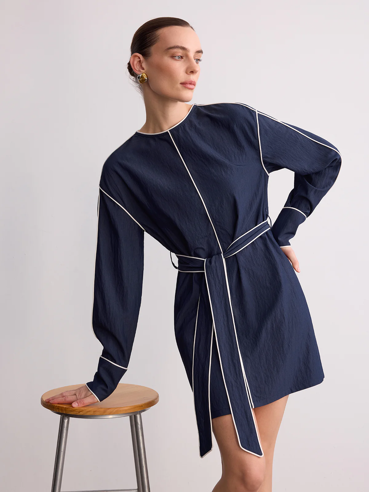 Belted Contrast Piping Long Sleeve Mini Dress - Image 3