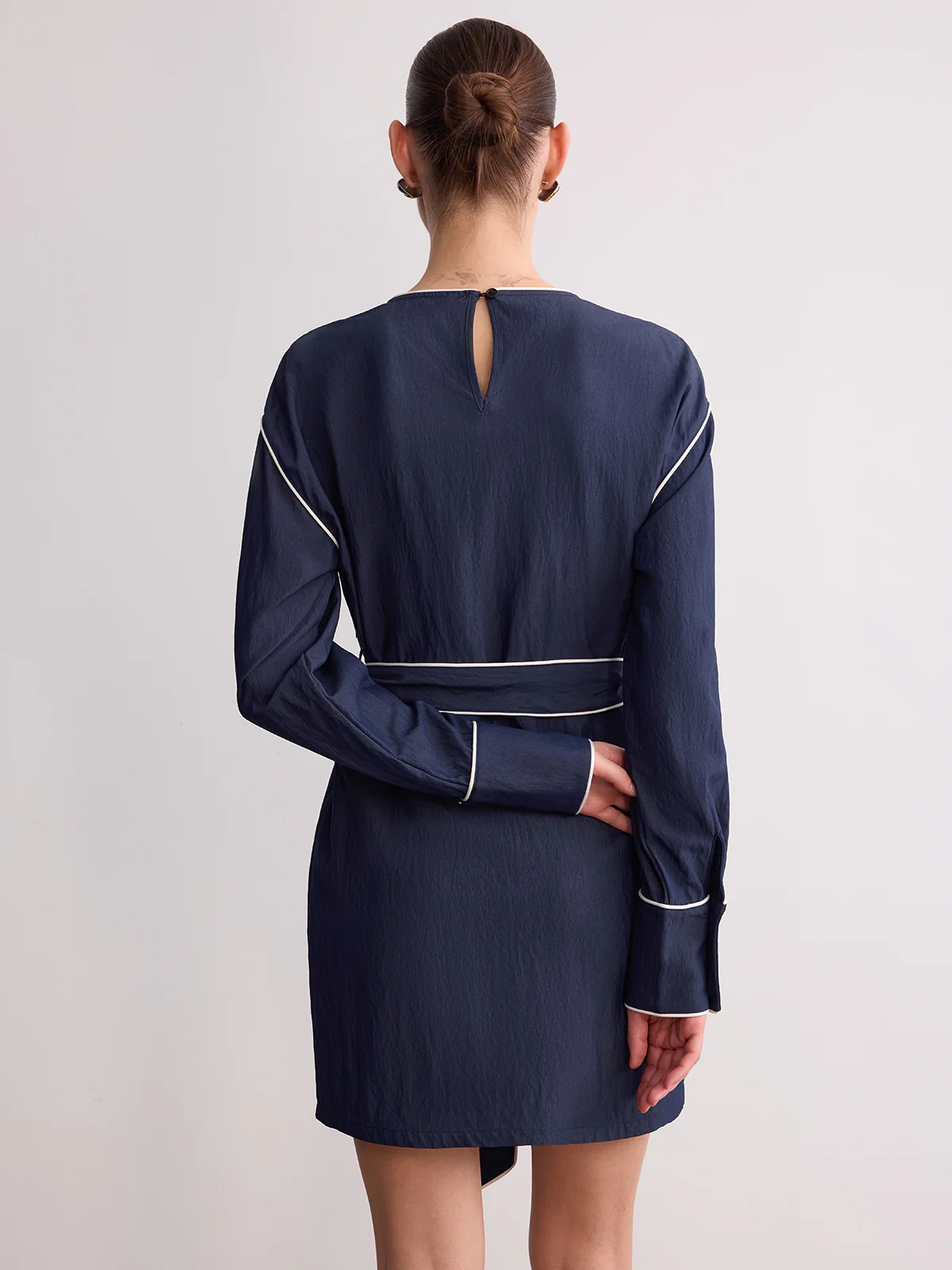 Belted Contrast Piping Long Sleeve Mini Dress - Image 6