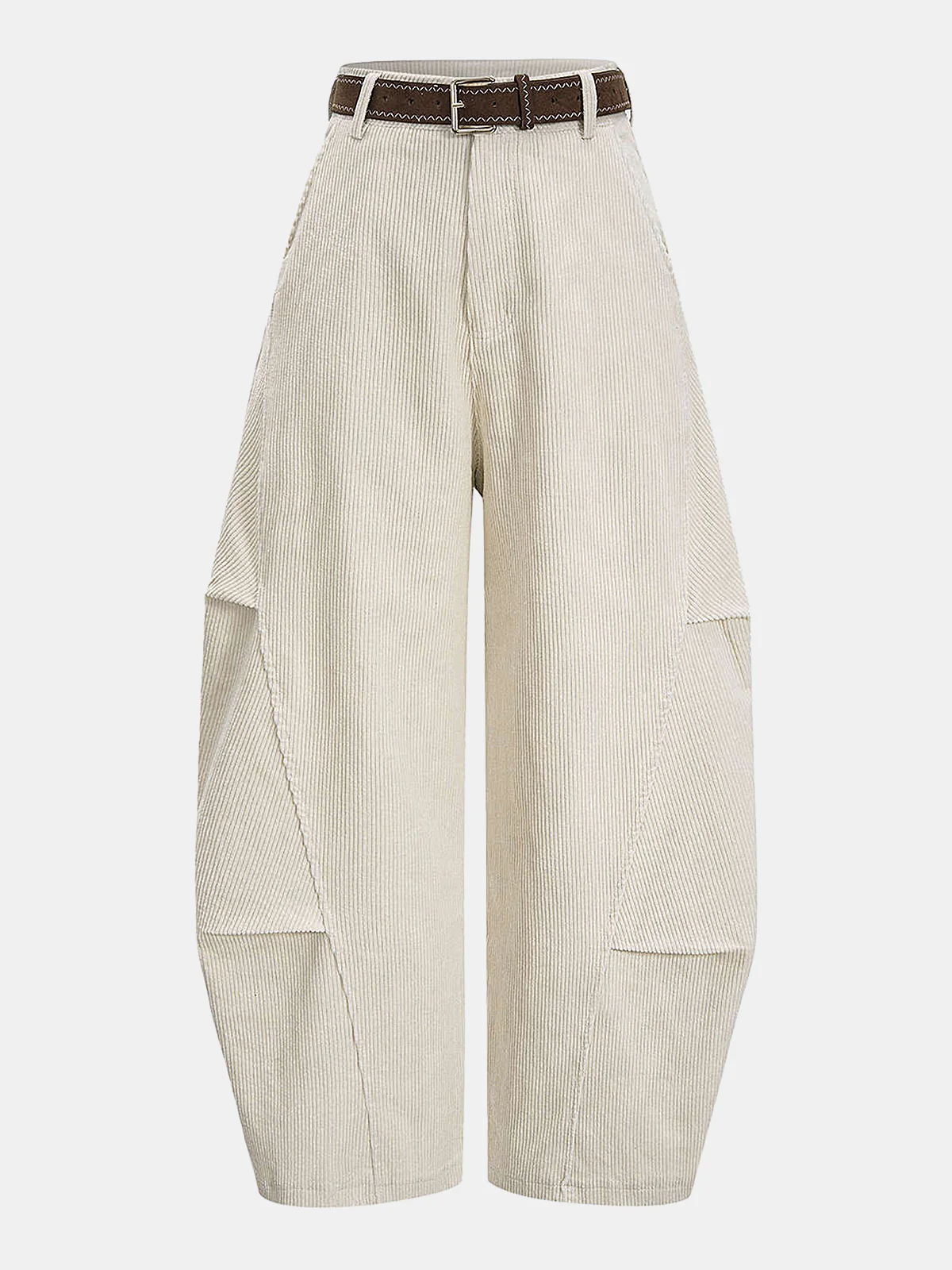 Belted Corduroy Curved Wide-Leg Pants