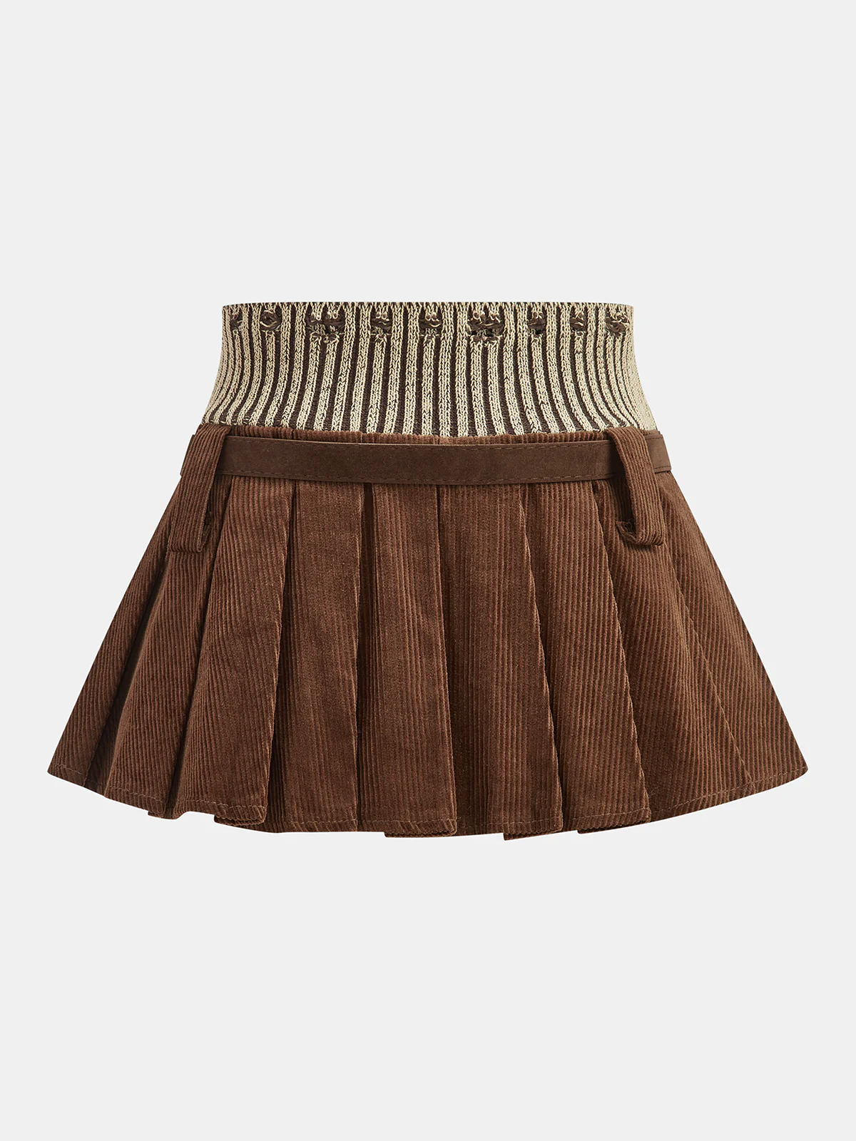 Belted Corduroy Pleated Mini Skirt with Knit Waistband - Image 2