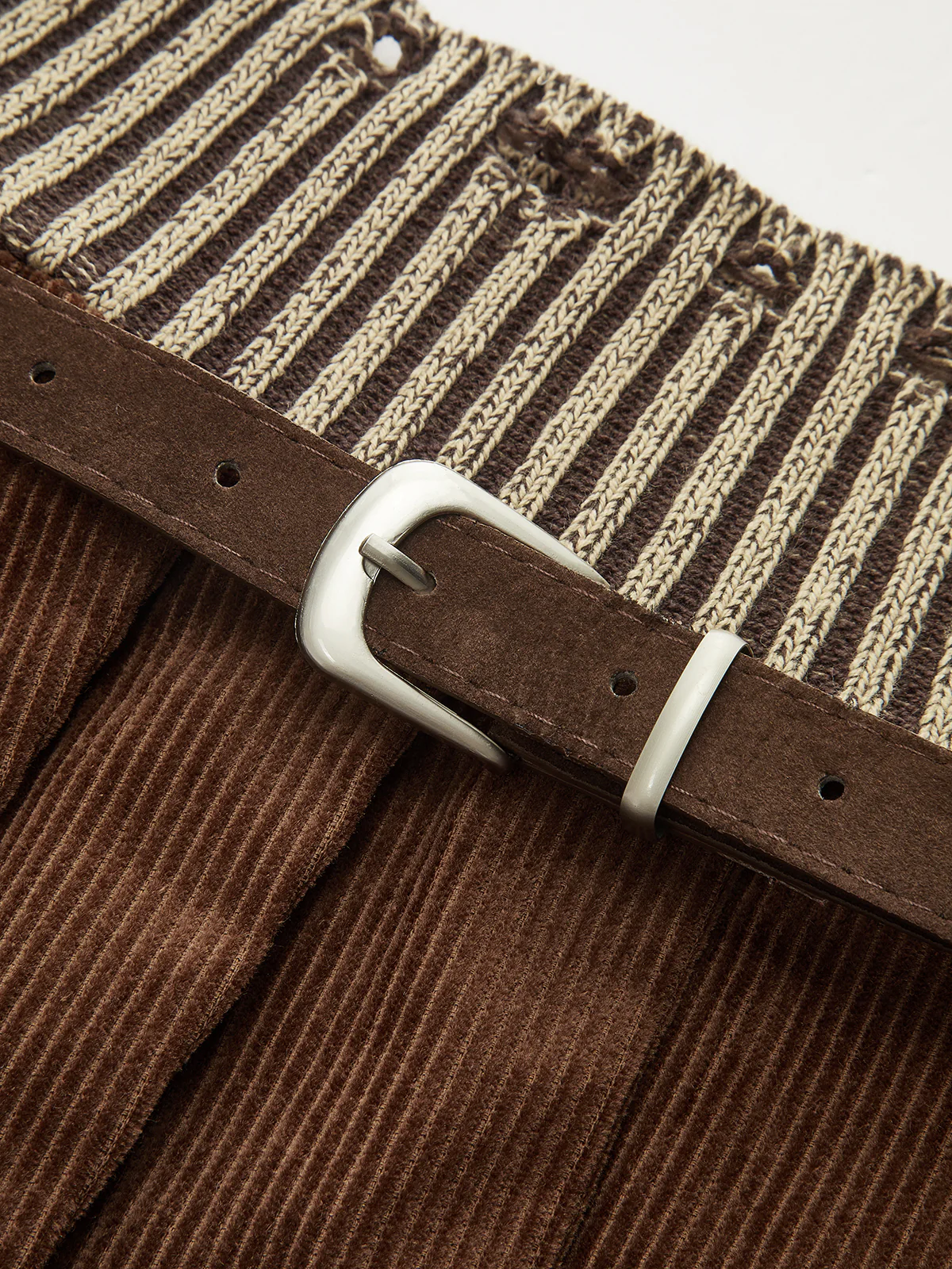Belted Corduroy Pleated Mini Skirt with Knit Waistband - Image 3