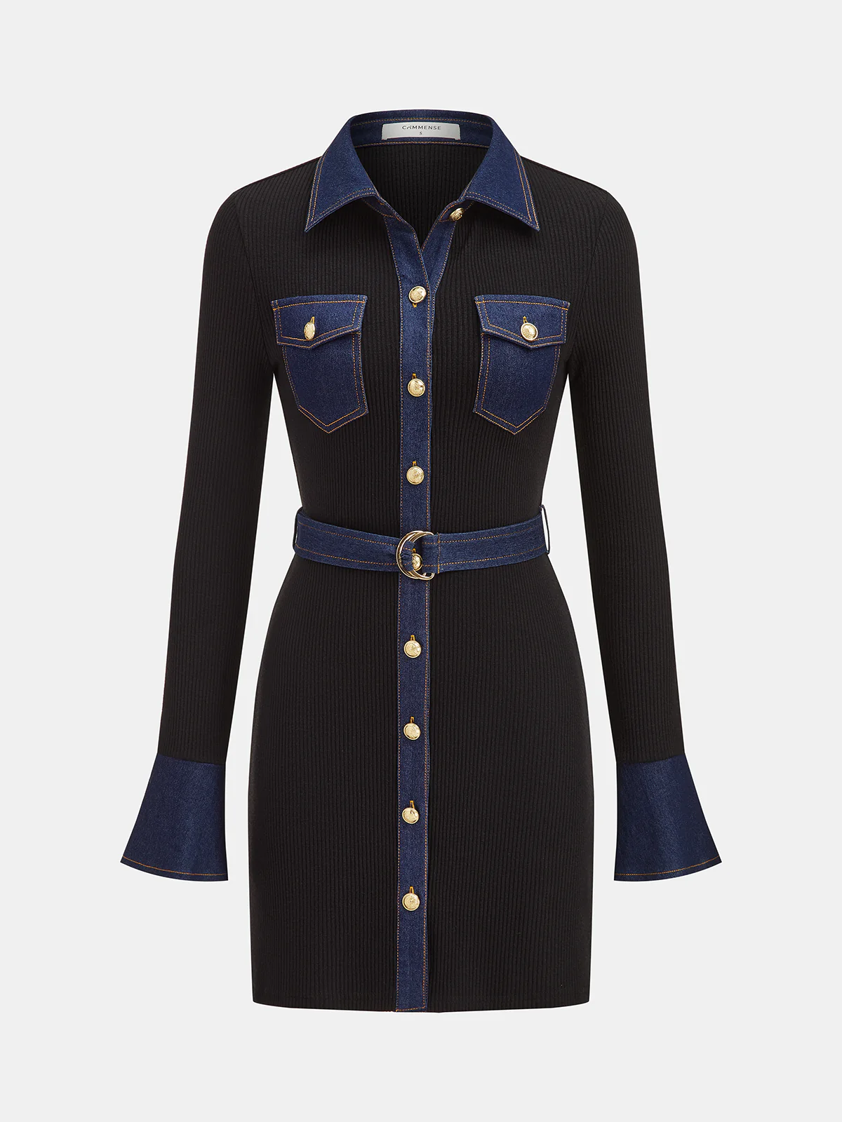Belted Denim Panel Ribbed Knit Mini Dress