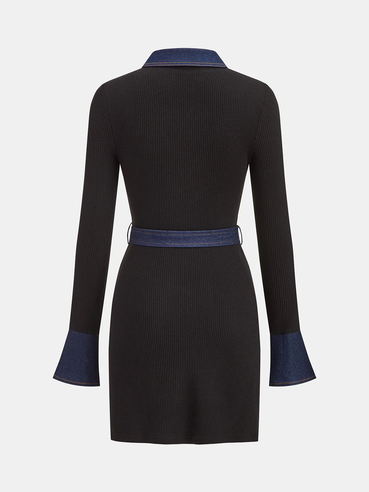 Belted Denim Panel Ribbed Knit Mini Dress - Image 2