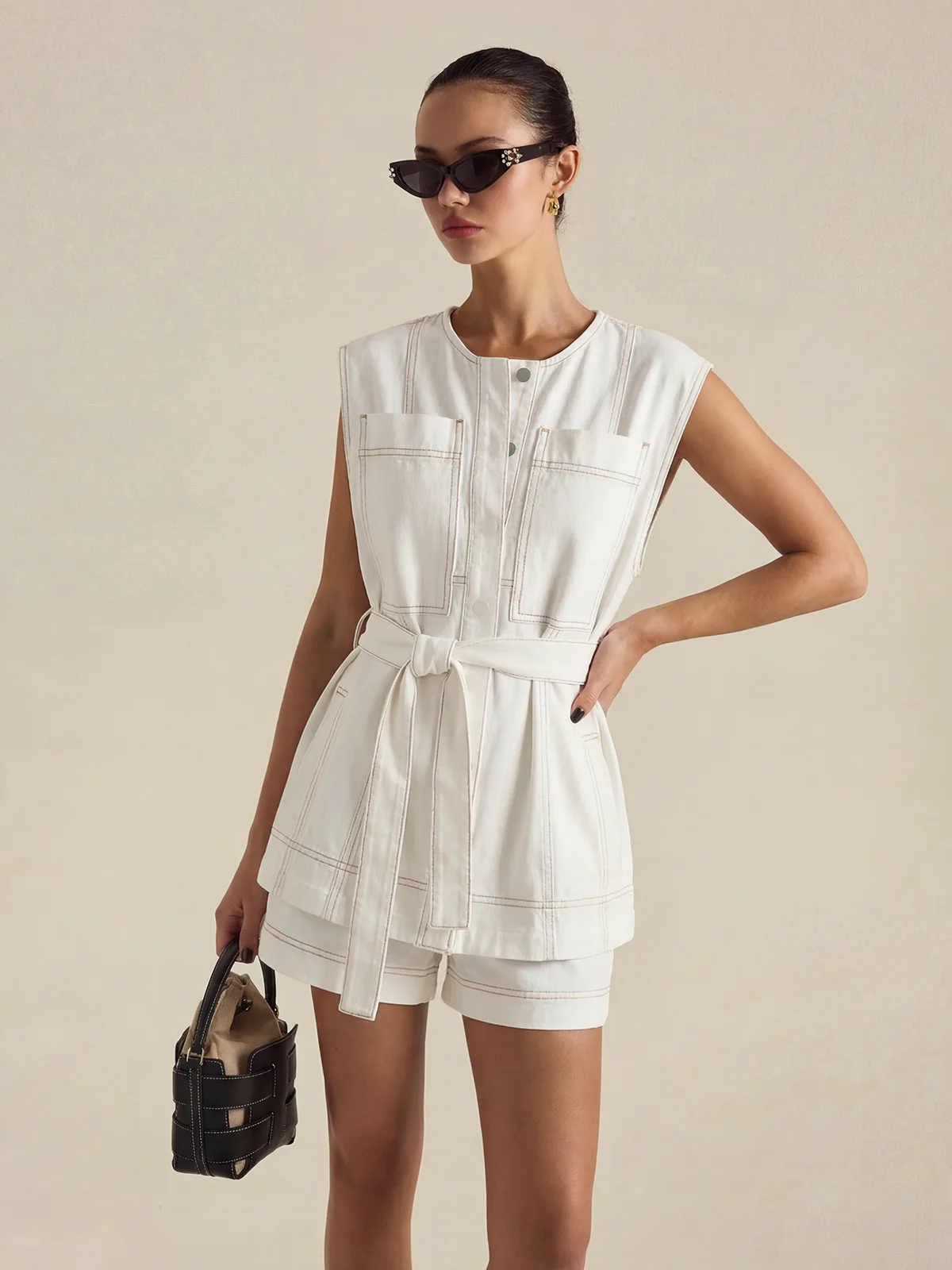 Belted Denim Sleeveless Vest & Shorts Set - Image 11