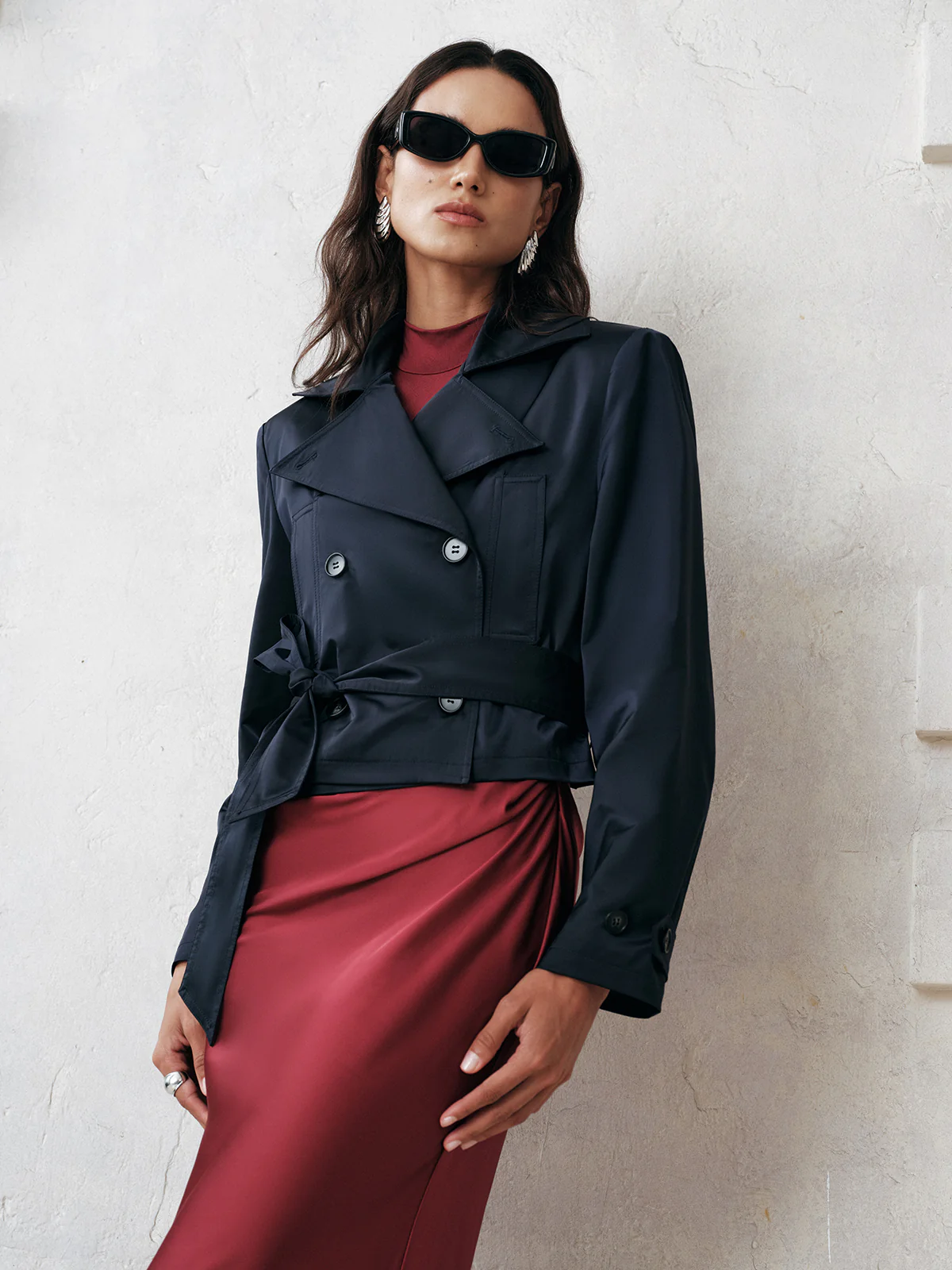 Belted Double-Breasted Cropped Trench Coat - Image 4