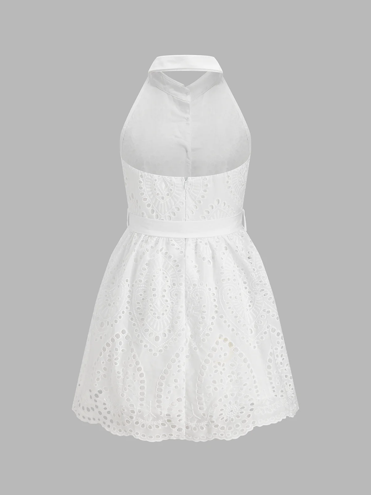Belted Eyelet Embroidery Halter Mini Dress - Image 3