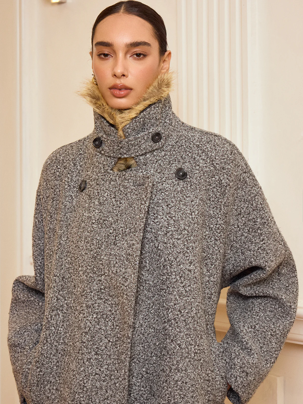 Belted Faux Fur Collar Tweed Coat - Image 4