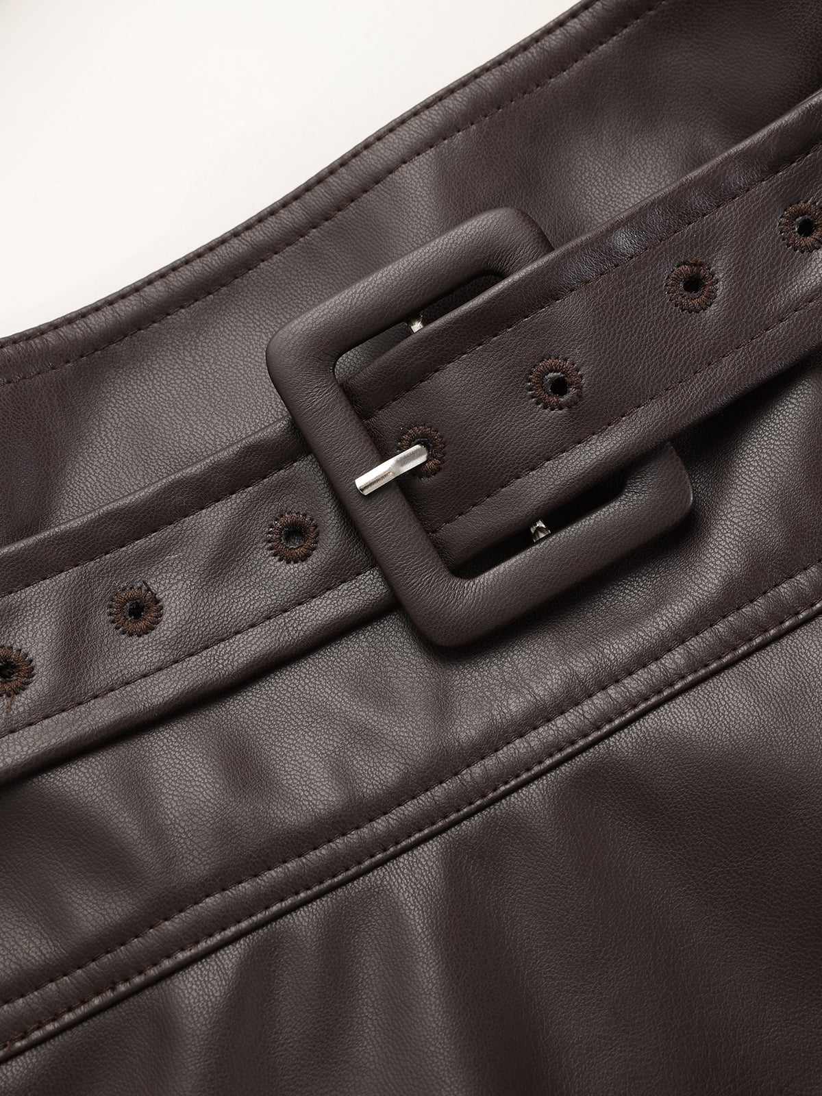 Belted Faux Leather Ruched Slit Midi Skirt - Image 3