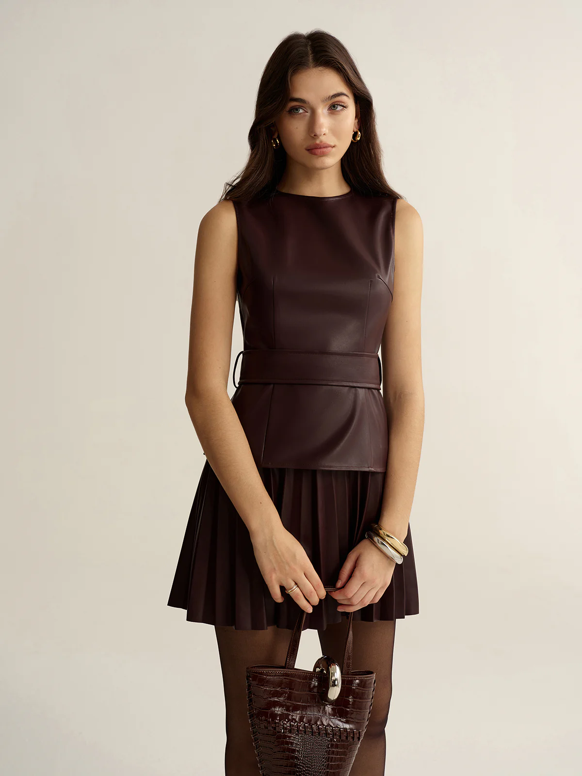 Belted Faux Leather Sleeveless Pleated Mini Dress - Image 3