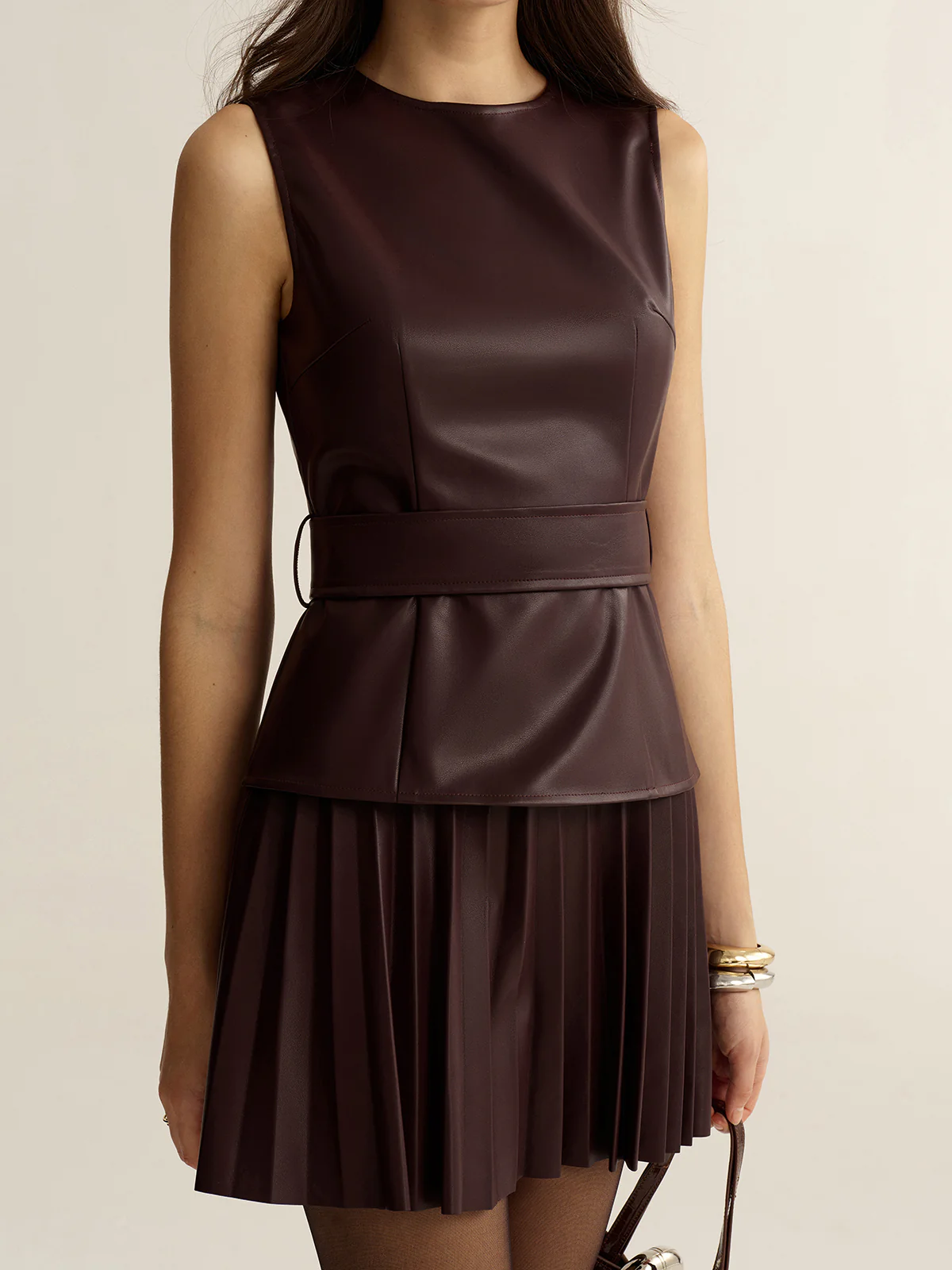Belted Faux Leather Sleeveless Pleated Mini Dress - Image 4