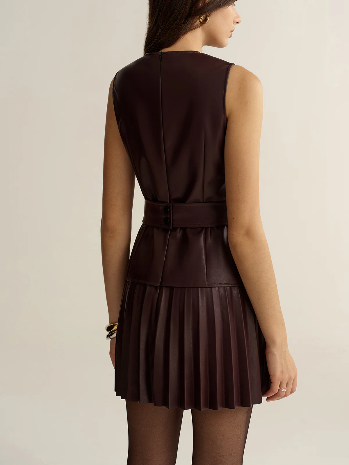 Belted Faux Leather Sleeveless Pleated Mini Dress - Image 5