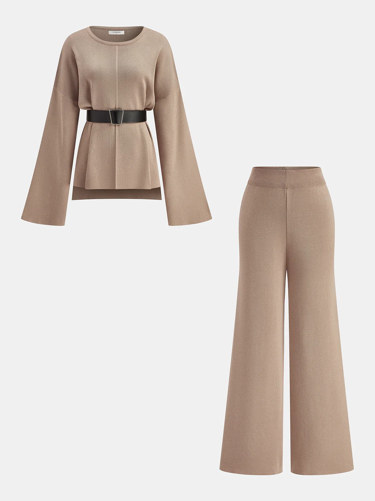 Belted Flare-Sleeve Knit Two-Piece Set