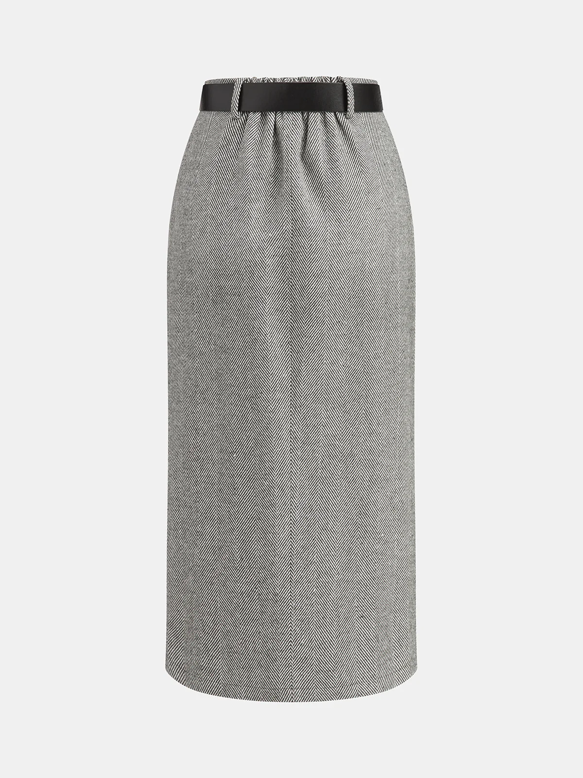 Belted Herringbone Slit Midi Skirt - Image 2