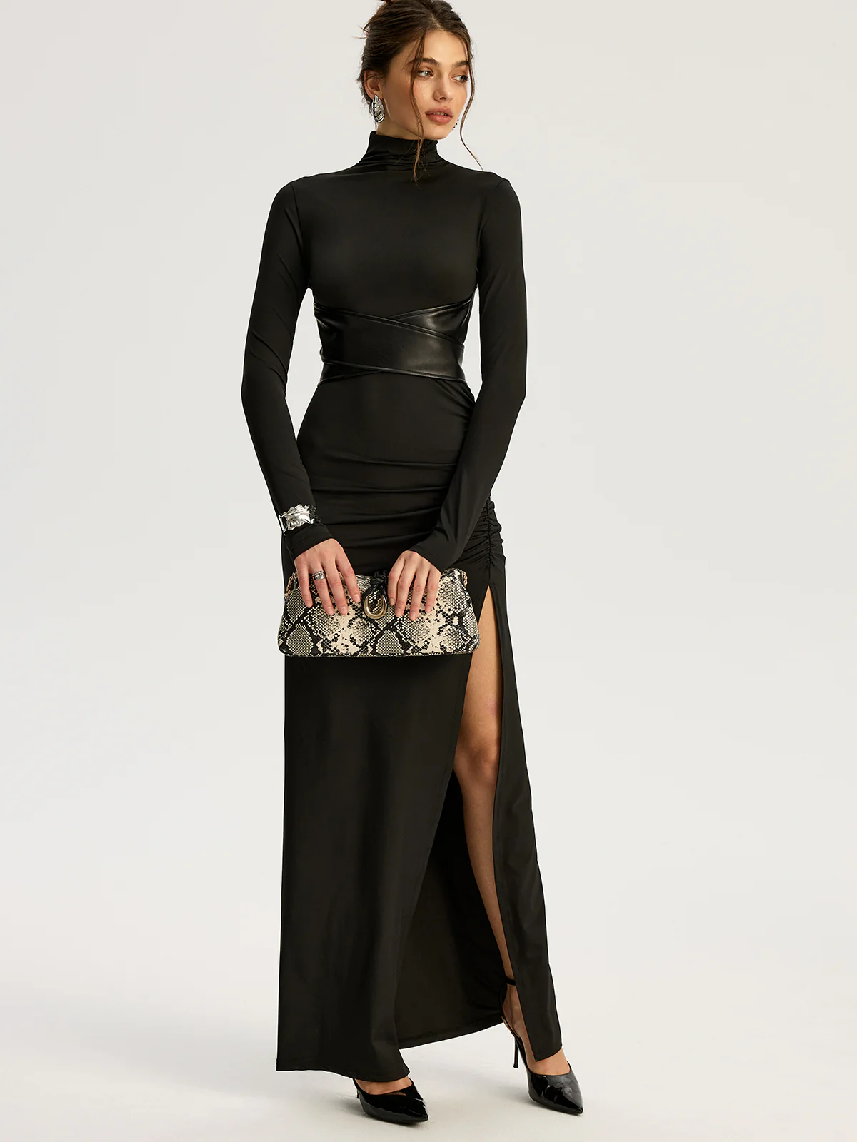 Belted High-Slit Turtleneck Maxi Dress - Image 4