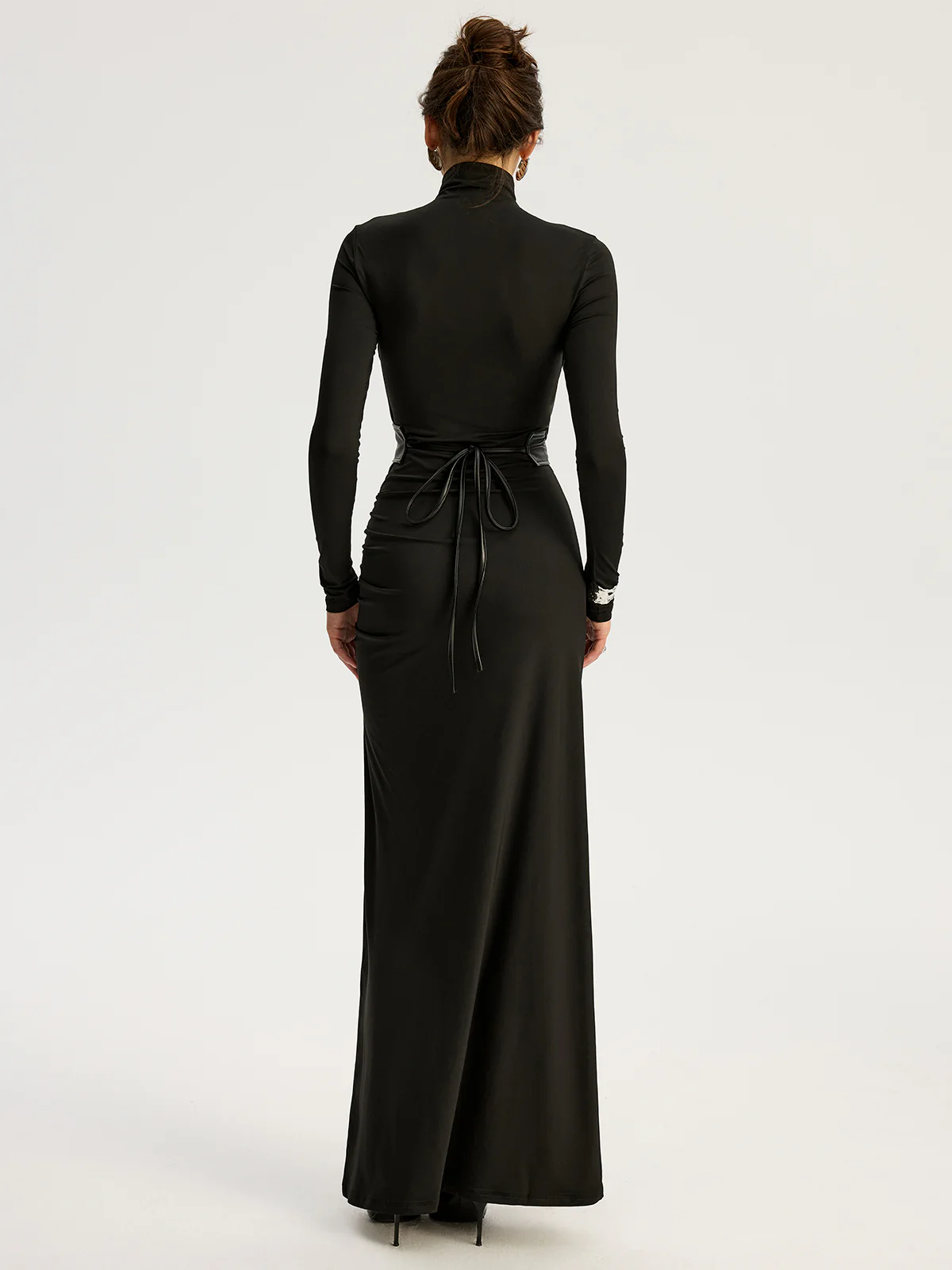 Belted High-Slit Turtleneck Maxi Dress - Image 6