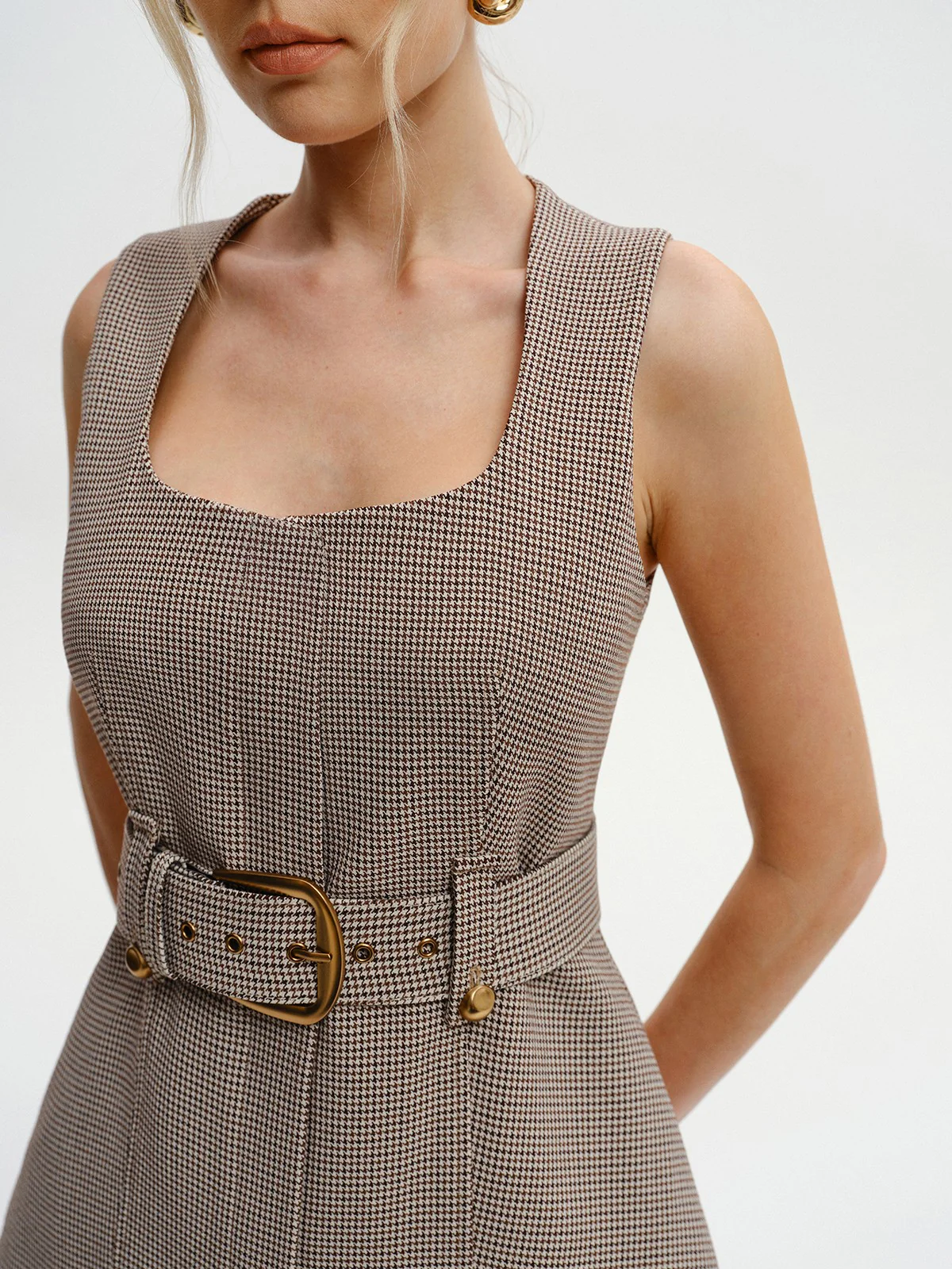 Belted Houndstooth Square-Neck Vest - Image 2